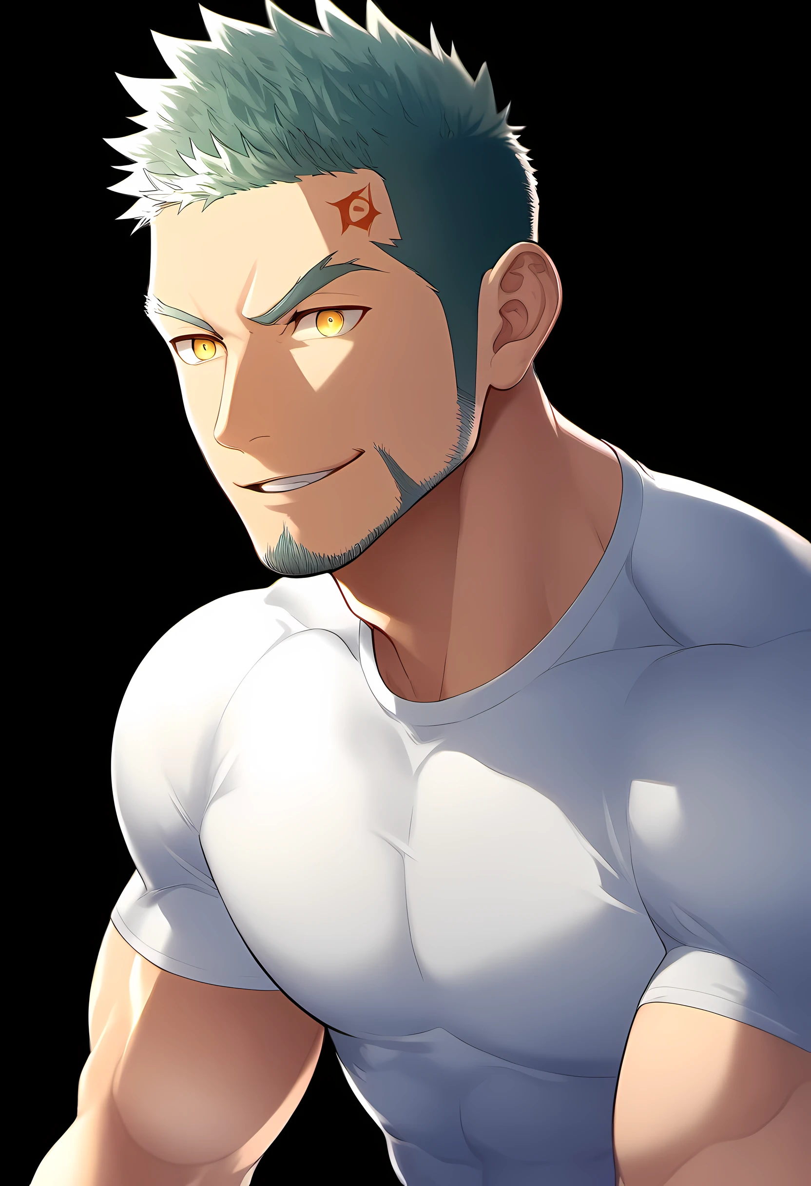 anime characters:Guy, Priapus, 1 young muscular man, male focus, Six pointed star tattoo on face, Sporty black headband, White spandex tight T-shirt, Milky white mucus at the corners of the mouth, muscular male, muscular, only, Upper body, alone, white short hair, stubble, yellow eyes, black background, simple background, amazing quality, best aesthetics, Ridiculous, bright pupils, short hair, naughty face, torogao, open lips, best quality