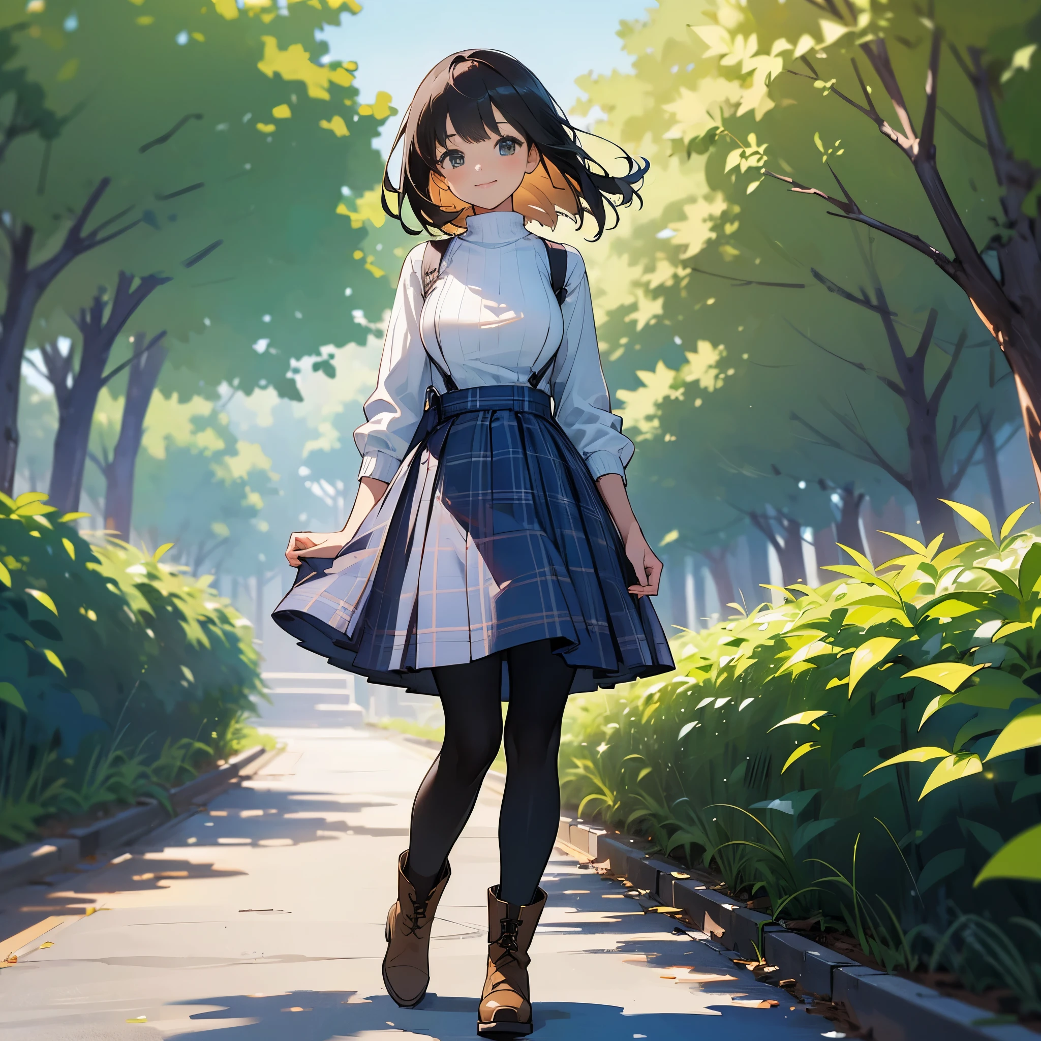 (high quality, High resolution, Super detailed, reality:1.37), peaceful atmosphere, (outdoors, garden), teenage girl standing alone, (my breasts are big.), Beautiful detail features, cute smile, (black bob hair), ribbed sweater, blue plaid skirt, black tights, brown boots.