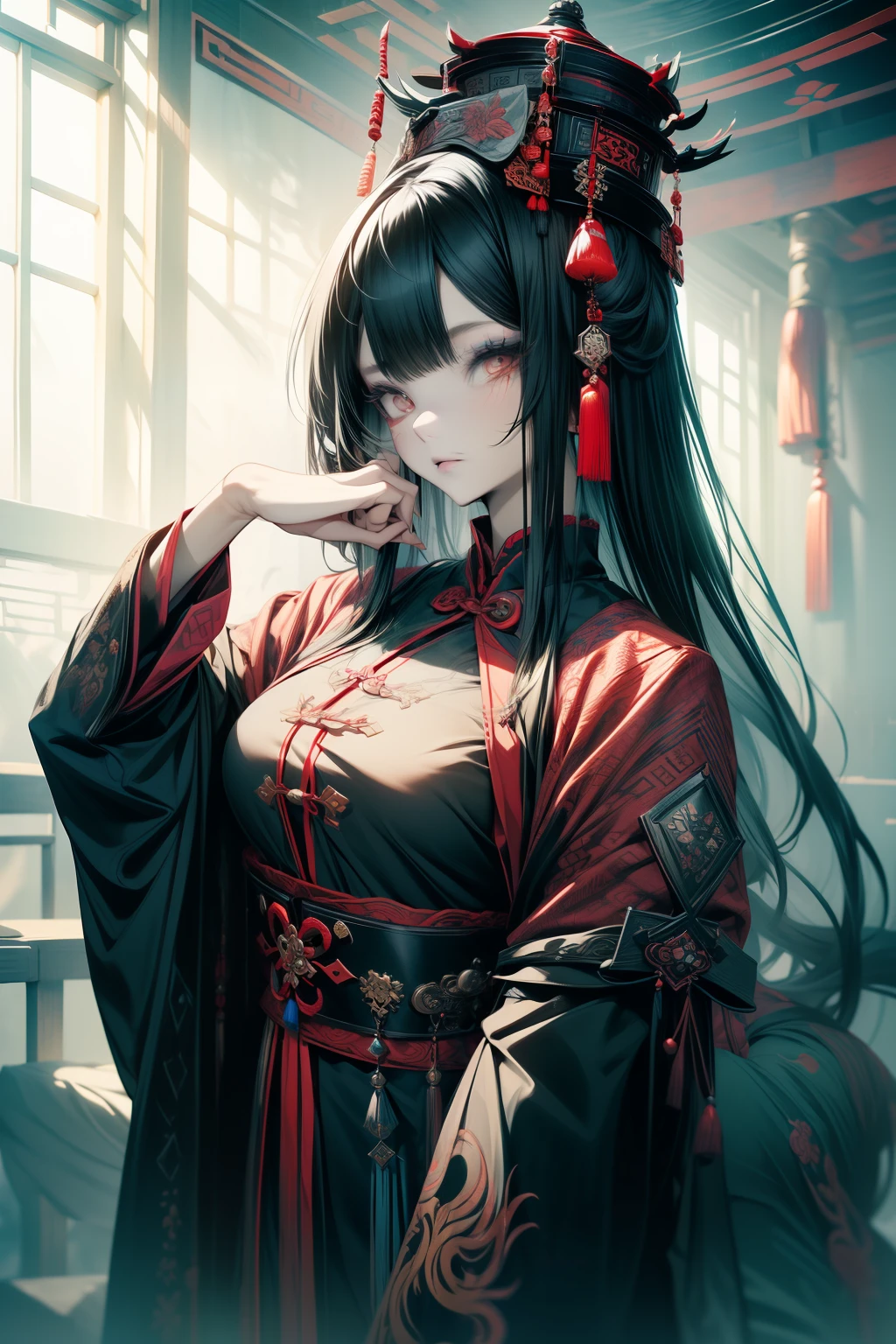 Chinese Gothic Punk、JIANGSHI style,Daughter of the Chinese emperor、Overwhelming intimidation、Emitting majesty from the whole body、Put your hands in your sleeves,(Comic Noir Style),(linear art_Anime),(solid color_highcontrast),(masutepiece, Best Quality, ),(Laura Bad Picture:1.2),(Lora Add Details:1.2),8K, Flat color:1.2,1girl in,JIANGSHI QUEEN SITTING ON A CRIMSON THRONE WEARING A HEAVY CLOAK,JIANGSHI,BEAUTY JIANGSHI、Very long hair、Chinese Opera style makeup,Luxurious costume with beautiful embroidery_Dragon and phoenix embroidery:1.2,(lora:add more detail:1.2)，beautiful hands，hands on hip