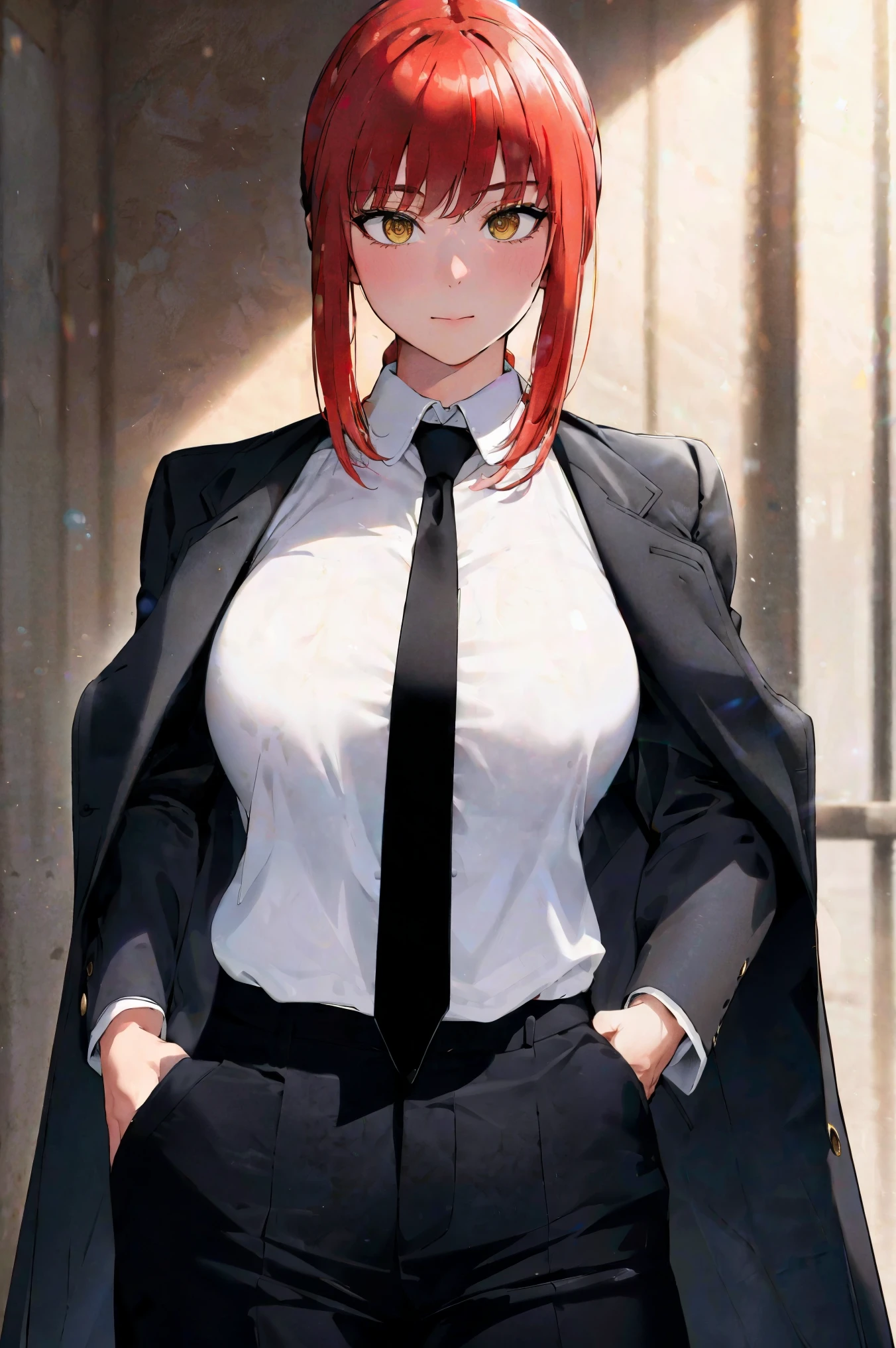 (masterpiece, best quality:1.2), cowboy shot, solo, 1girl, makima, expressionless, closed mouth, looking at viewer, hands in pockets, braided ponytail, ringed eyes, formal, coat, collared shirt, black necktie, black pants,NSFW,official art,extremely detailed CG unity 8k wallpaper, perfect lighting, (masterpiece:1.0),(best_quality:1.0), ultra high res,4K,ultra-detailed, photography, 8K, HDR, highres, absurdres:1.2, Kodak portra 400, film grain, blurry background, bokeh:1.2, lens flare, (vibrant_color:1.2),(beautiful_face:1.5),(narrow_waist),(perfect hands, perfect anatomy),