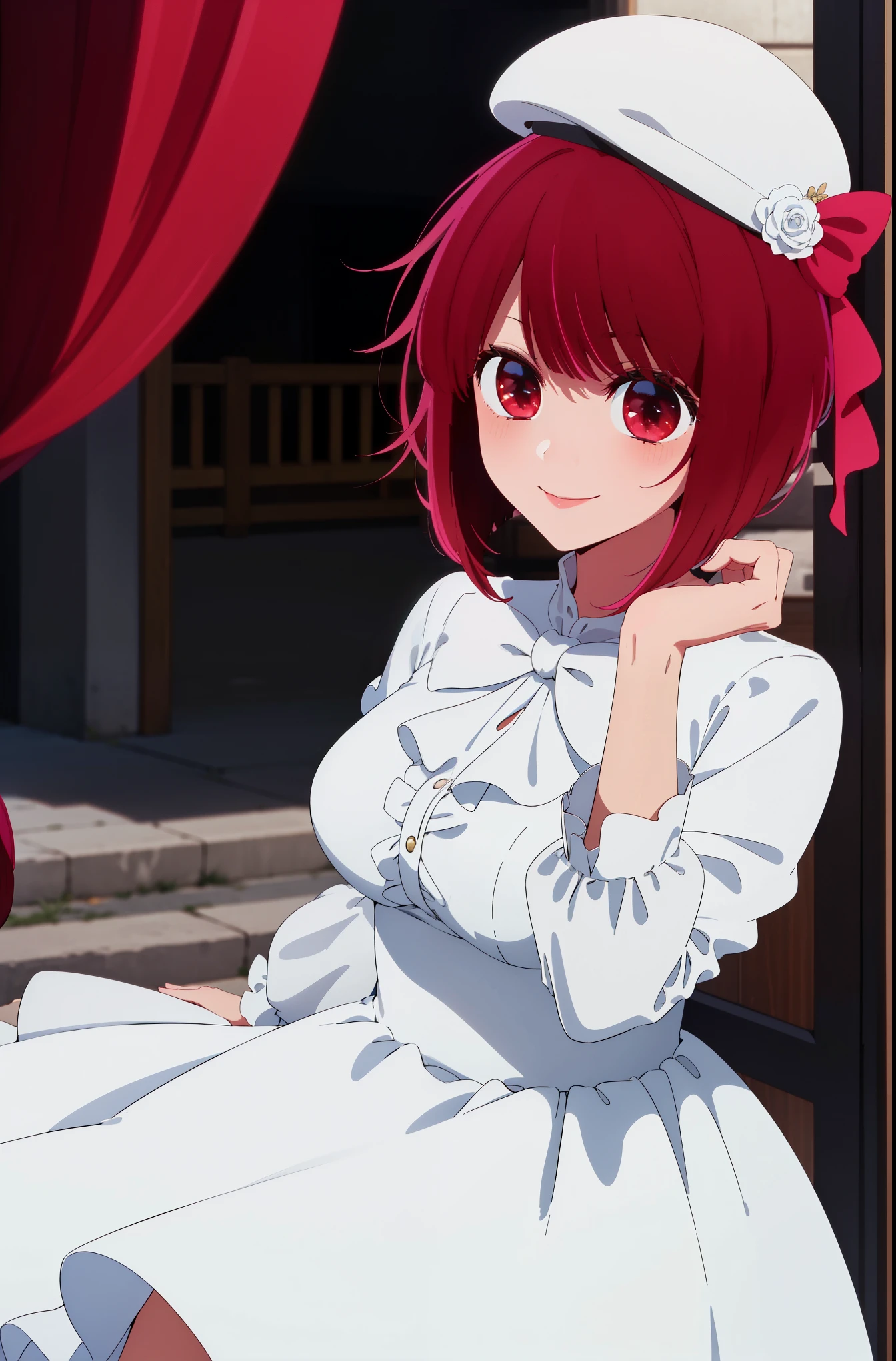 masterpiece, highest quality, ultra high resolution, highest quality, anime style, best writing, beautiful face, masterpiece, very detailed, (1 girl:1.2), redhead, (White formal dress:1.3), (Dress Hat:1.3), short hair, free pose, upper body, best smile, party venue, stand