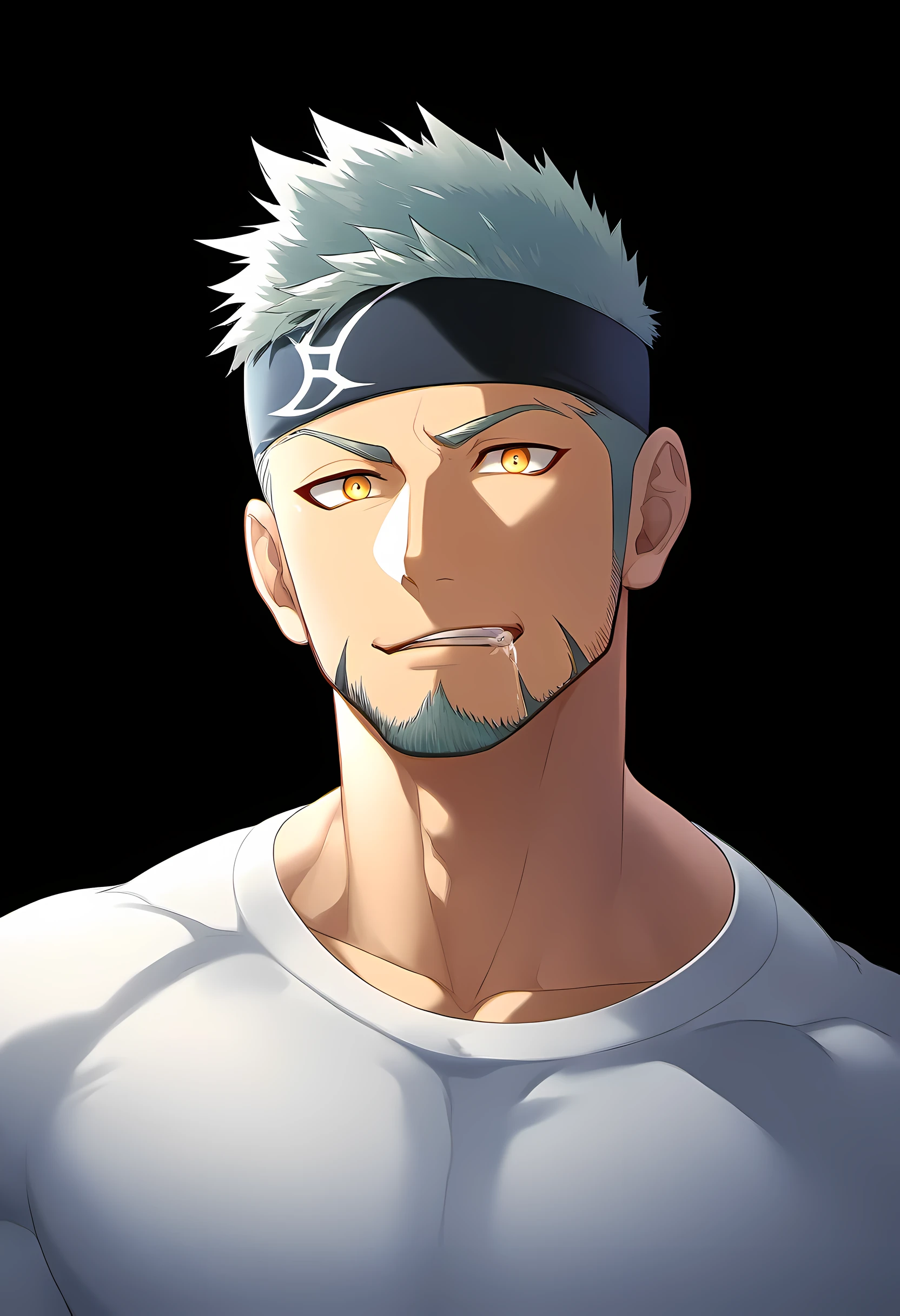 anime characters：Guy, Priapus, 1 young muscular man, male focus, Six pointed star tattoo on face, Sporty black headband, White spandex tight T-shirt, Milky white mucus at the corners of the mouth, muscular male, muscular, only, Upper body, alone, white short hair, stubble, yellow eyes, black background, simple background, amazing quality, best aesthetics, Ridiculous, bright pupils, short hair, naughty face, torogao, open lips, best quality