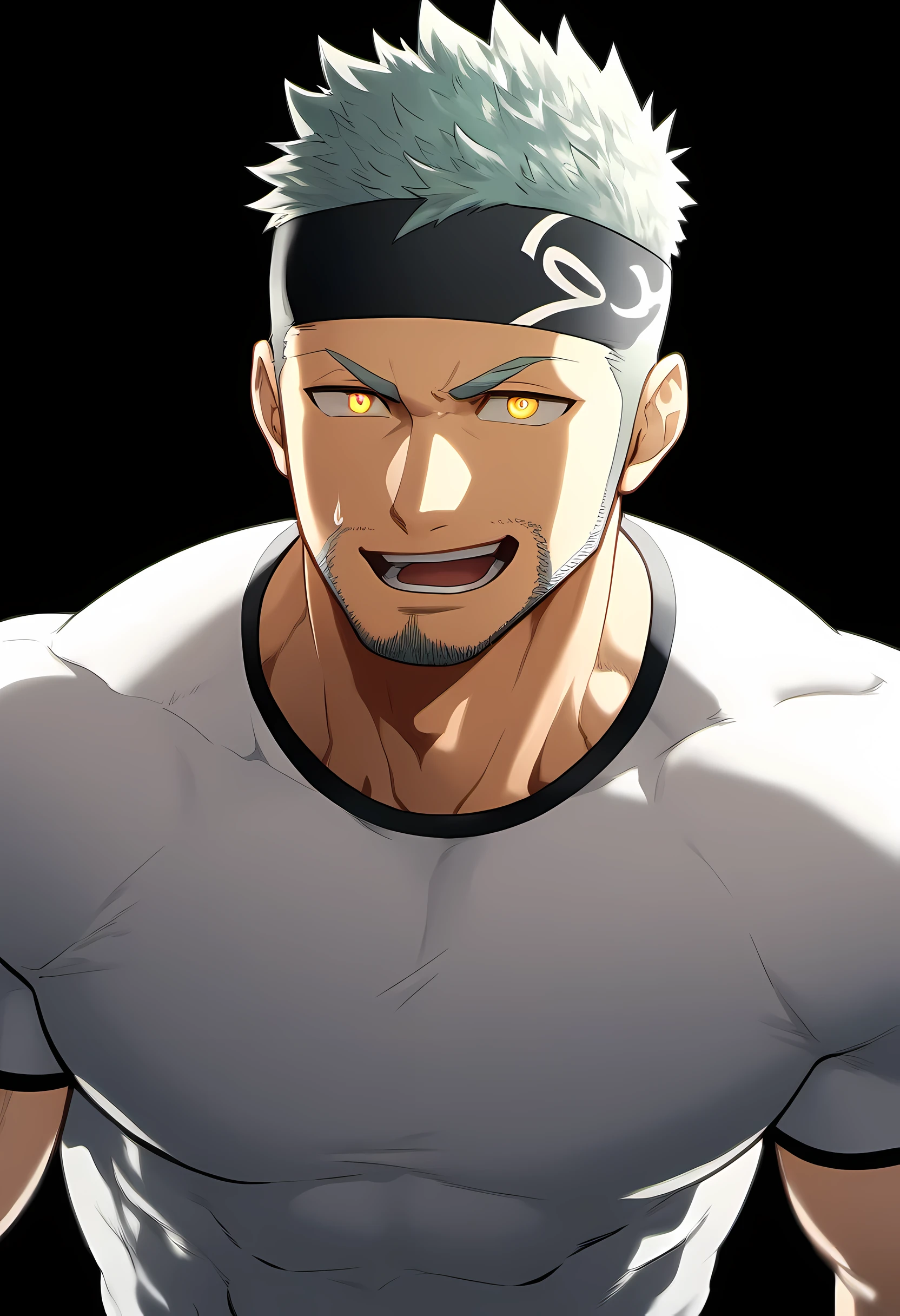 anime characters：Guy, Priapus, 1 young muscular man, male focus, Six pointed star tattoo on face, Sporty black headband, White spandex tight T-shirt, Milky white mucus at the corners of the mouth, muscular male, muscular, only, Upper body, alone, white short hair, stubble, yellow eyes, black background, simple background, amazing quality, best aesthetics, Ridiculous, bright pupils, short hair, naughty face, torogao, open lips, best quality