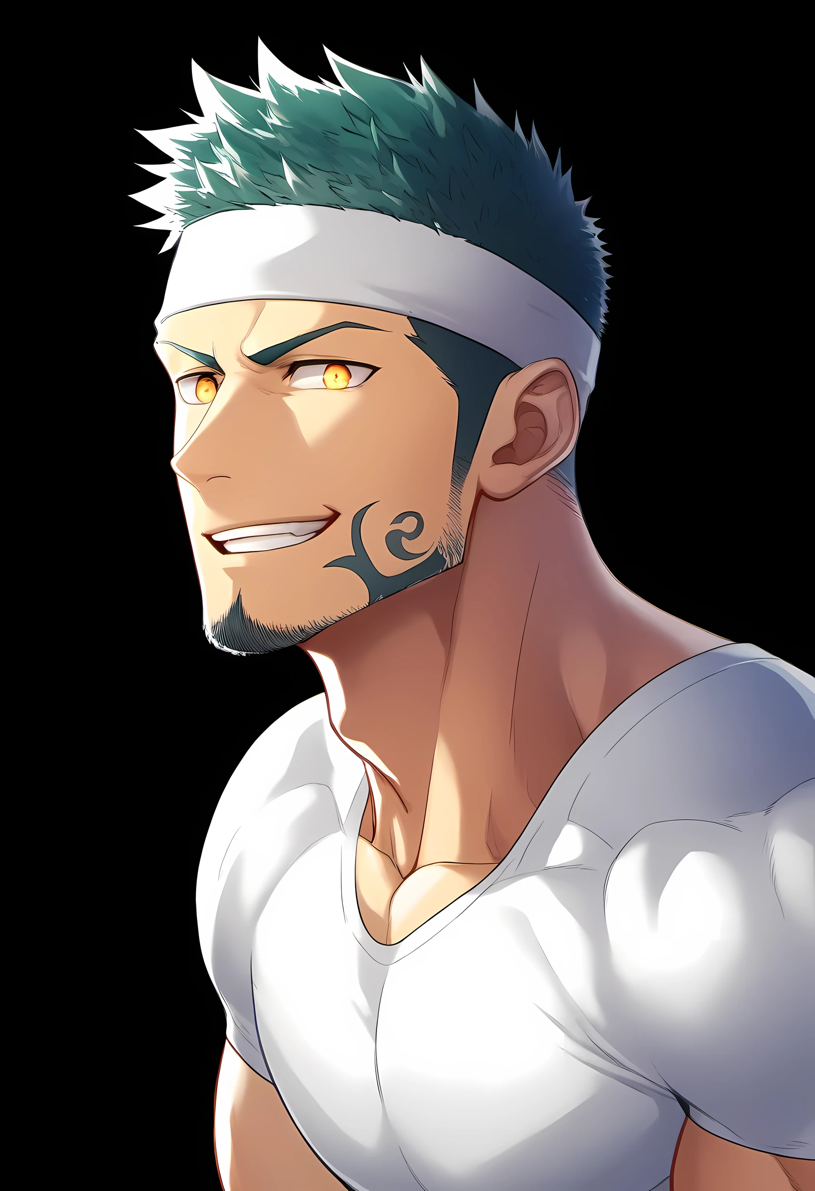 anime characters：Guy, Priapus, 1 young muscular man, male focus, Six pointed star tattoo on face, Sporty black headband, White spandex tight T-shirt, Milky white mucus at the corners of the mouth, muscular male, muscular, only, Upper body, alone, white short hair, stubble, yellow eyes, black background, simple background, amazing quality, best aesthetics, Ridiculous, bright pupils, short hair,  face, torogao, open lips, best quality