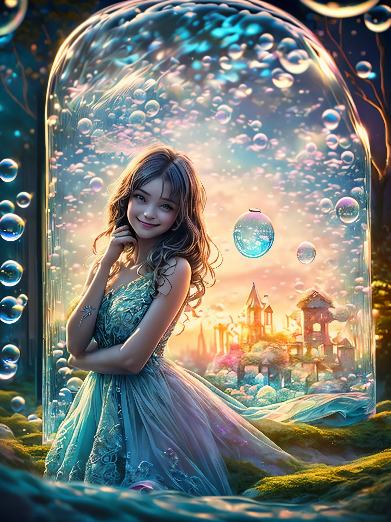 (cropped profile photo), ((1 beautiful young woman inside a soap bubble: 1.5)), sitting on a pink pillow, ((flying through a beautiful and magical fairy tale city: 1.4)), (hyper detailed : 1.3), ((clothes delicate dress with flower decorations: 1.4)), ((sunset background below a beautiful fairy tale landscape: 1.3)), ((Imaginative scene)), ((Perfect faces and bodies, meticulously detailed: 1.3)), ((far shot: 1.4)),((best quality)), ((masterpiece)), 3D, (((sunset:1.2))), (photorealistic:1.4), ((front camera)), (smiling happily, with her hands resting inside the soap bubble, surprised by the beautiful fairy city:1.4), ((Movie lighting: 1.2)), 32k.