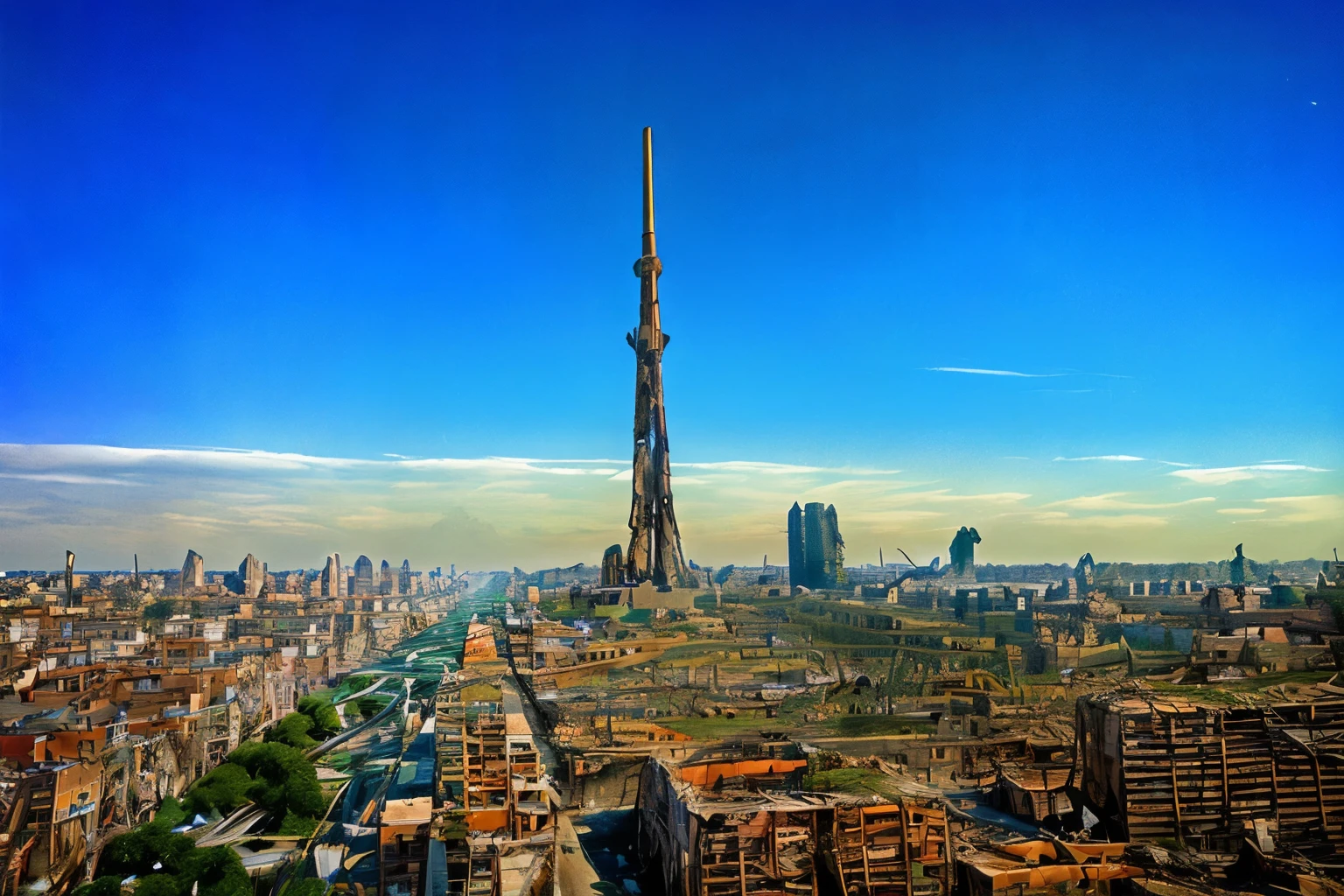 8K masterpiece, ((A city in ruins after the extinction of humanity)), ((soft light))、unmanned、collapsing building、Collapsed building、(highway:1.5)、(the plant is eroding,) 、ivy is tied to the building、wide angle、Drawn angle of view、Citywide、200 years after the demise of mankind、