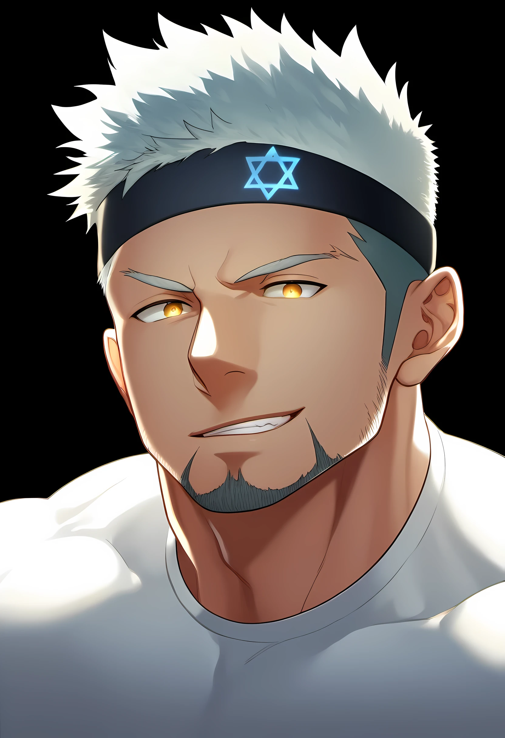 anime characters:Guy, Priapus, ung muscular man, male focus, Six pointed star tattoo on face, Sporty black headband, White spandex tight T-shirt, Milky white mucus at the corners of the mouth, muscular male, muscular, only, Upper body, alone, white short hair, stubble, yellow eyes, black background, simple background, amazing quality, best aesthetics, Ridiculous, bright pupils, short hair, naughty face, torogao, open lips, best quality
