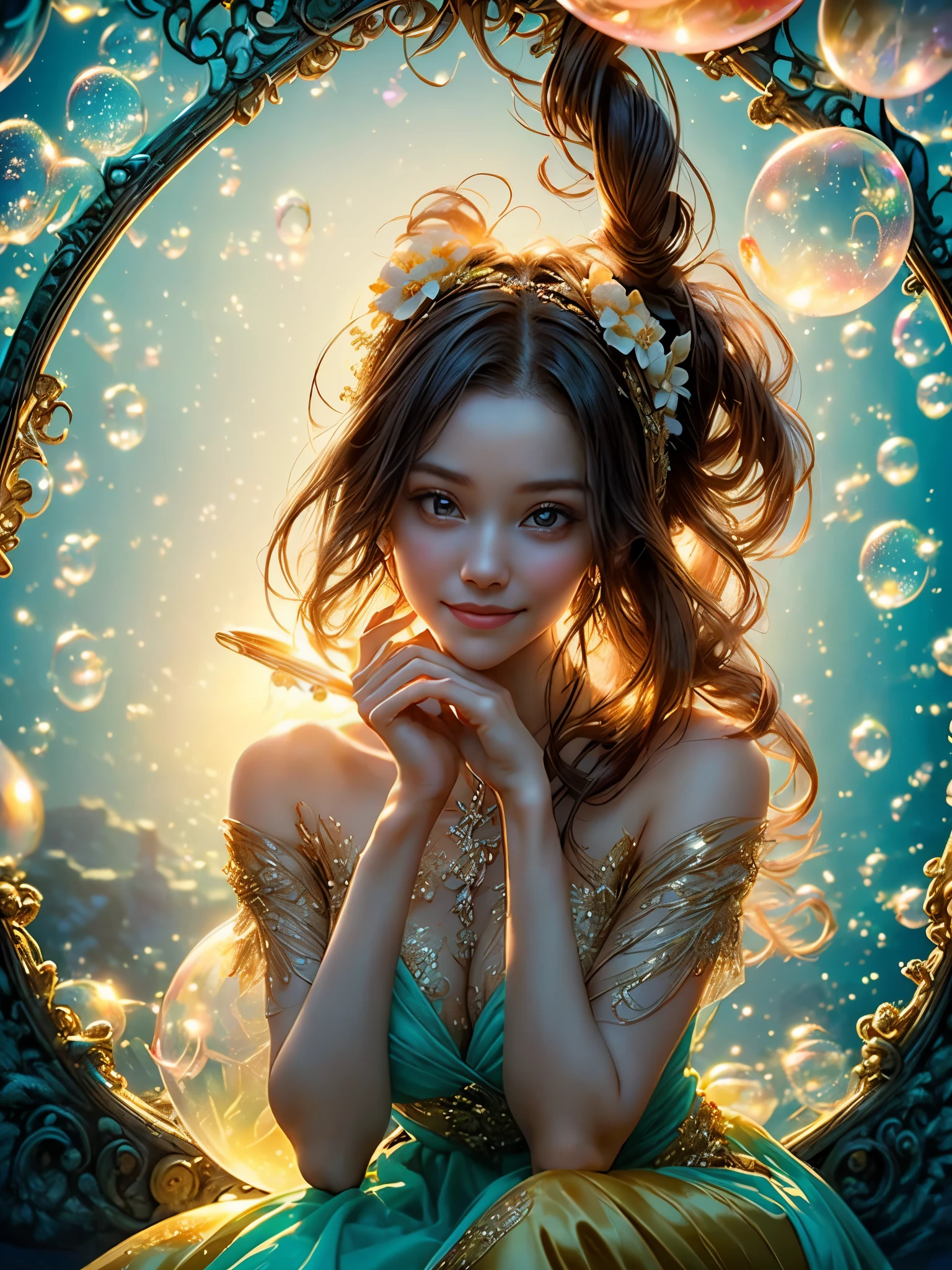 (cropped profile photo), ((1 beautiful young woman inside a soap bubble: 1.5)), sitting on a pink pillow, ((flying through a beautiful and magical fairy tale city: 1.4)), (hyper detailed : 1.3), ((clothes delicate dress with flower decorations: 1.4)), ((sunset background below a beautiful fairy tale landscape: 1.3)), ((Imaginative scene)), ((Perfect faces and bodies, meticulously detailed: 1.3)), ((far shot: 1.4)),((best quality)), ((masterpiece)), 3D, (((sunset:1.2))), (photorealistic:1.4), ((front camera)), (smiling happily, with her hands resting inside the soap bubble, surprised by the beautiful fairy city:1.4), ((Movie lighting: 1.2)), 32k.