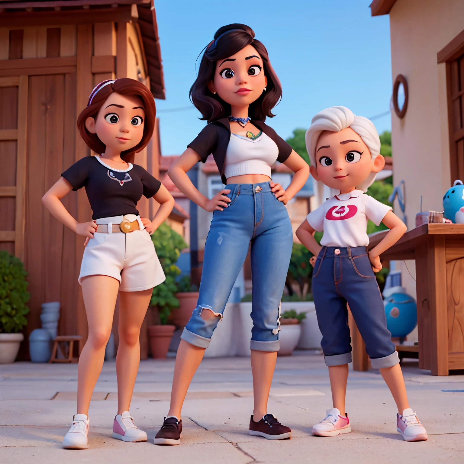 Chica, estilo disney pixar, pelada, pelo rosa, piel blanca, cejas rosa, ojos azules, labios negro, arito en nariz, parada, bikini negra y en sus manos un reno color blanco