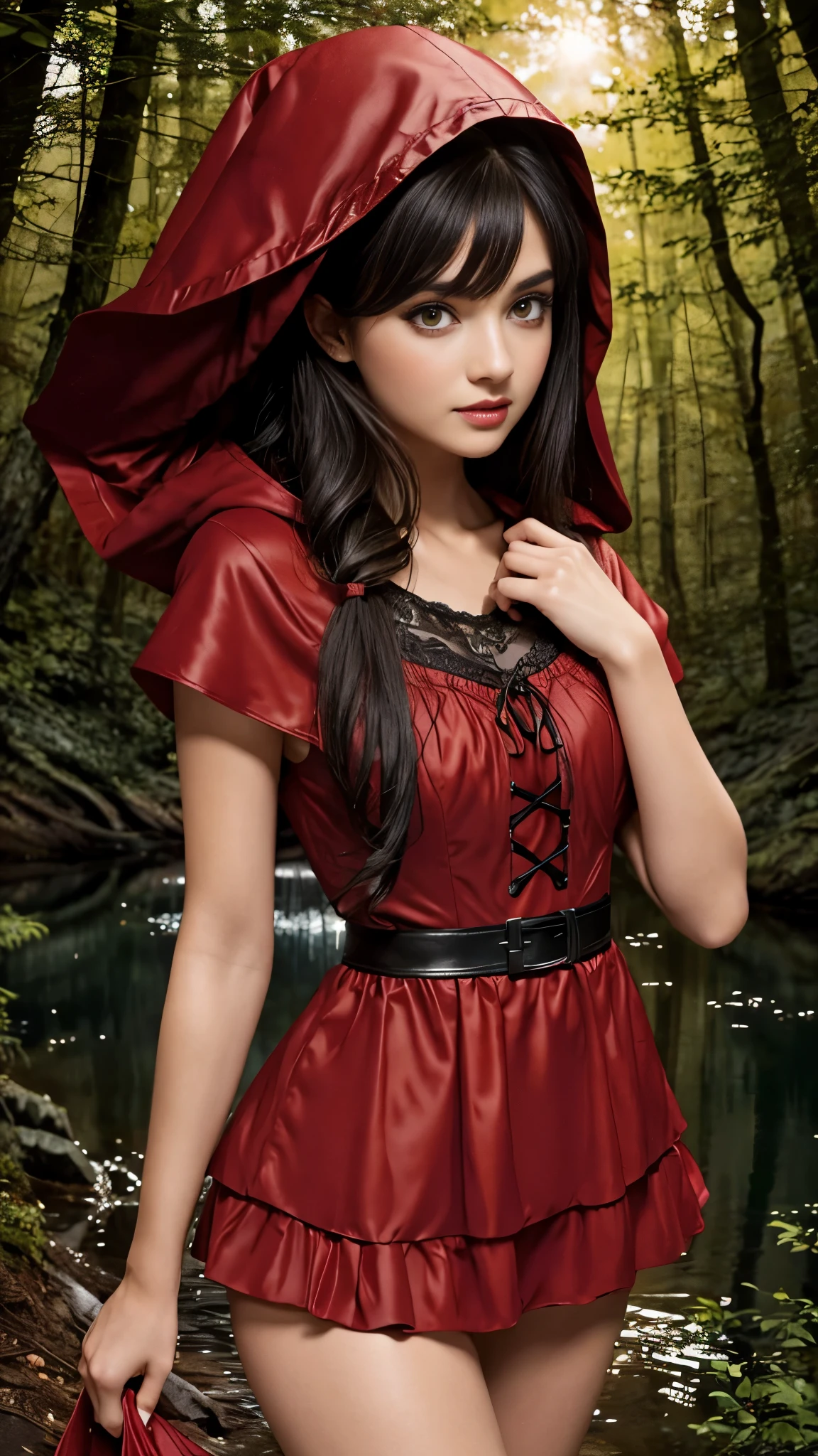 Little red riding hood with brown eyes and black hair lake in sexy clothes in the forest at night detailed realistic image
