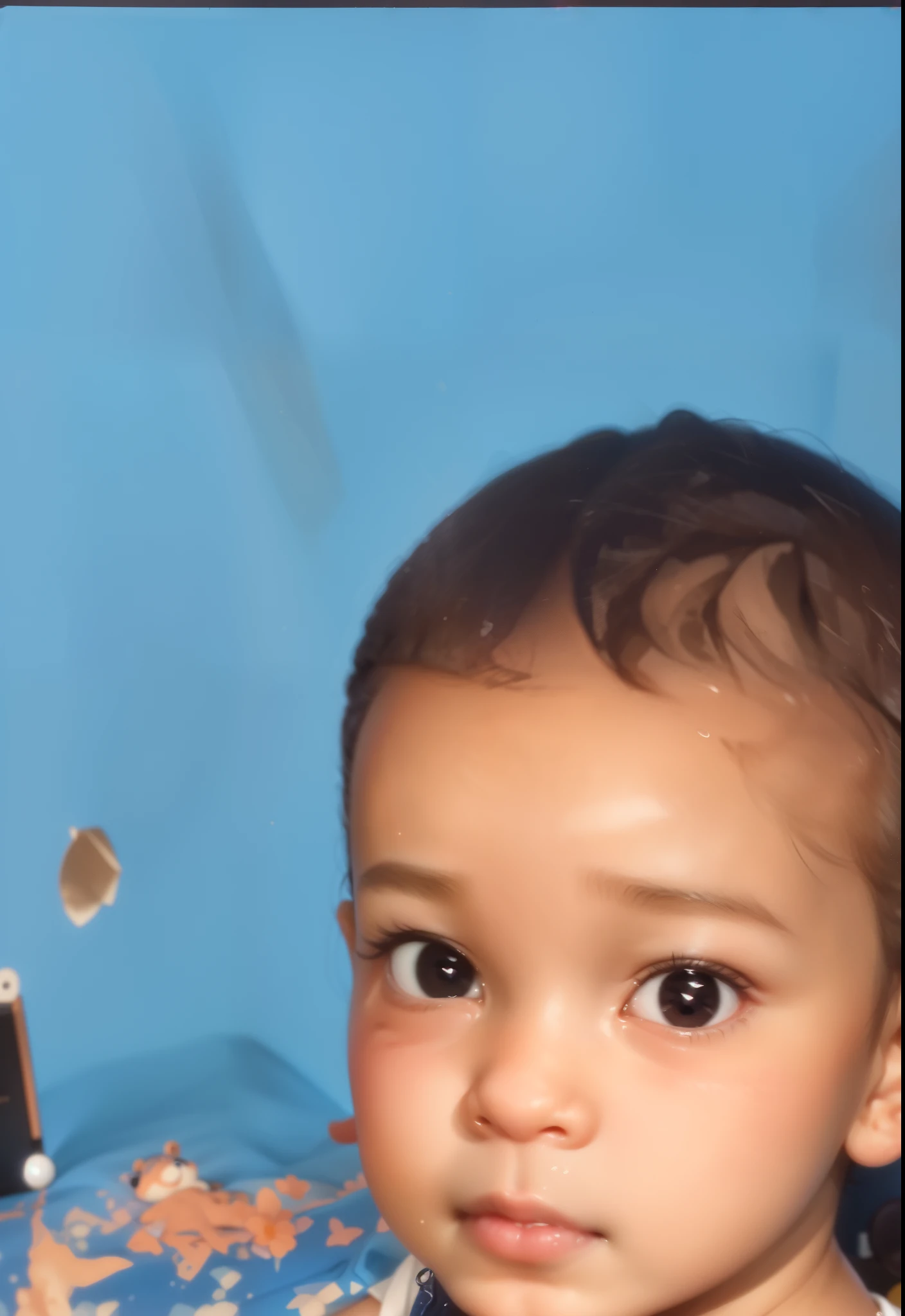 there is a small sitting on a bed with a stuffed animal, innocent face, innocent look, ayan nag, reyyan, beautiful cute, with accurate face, very very very beautifull face, , marvelous expression, potrait, very very low quality picture, innocent smile, cute beautiful, young , vinayak, closeup portrait shot