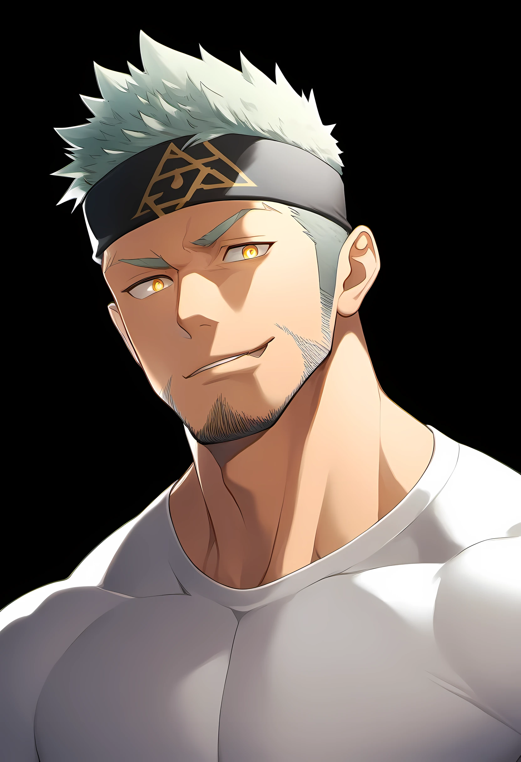 anime characters：Guy, Priapus, 1 young muscular man, male focus, Six pointed star tattoo on face, Sporty black headband, White spandex tight T-shirt, Milky white mucus at the corners of the mouth, muscular male, muscular, only, Upper body, alone, white short hair, stubble, yellow eyes, black background, simple background, amazing quality, best aesthetics, Ridiculous, bright pupils, short hair, naughty face, torogao, open lips, best quality