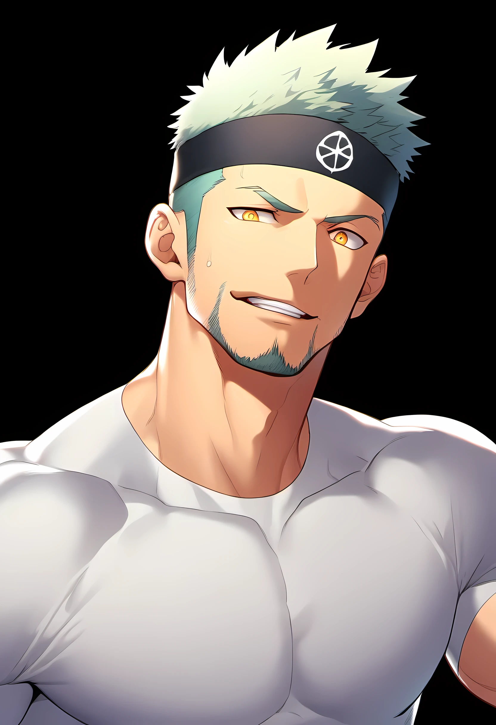 anime characters：Guy, Priapus, 1 young muscular man, male focus, Six pointed star tattoo on face, Sporty black headband, White spandex tight T-shirt, Milky white mucus at the corners of the mouth, muscular male, muscular, only, Upper body, alone, white short hair, stubble, yellow eyes, black background, simple background, amazing quality, best aesthetics, Ridiculous, bright pupils, short hair, naughty face, torogao, open lips, best quality