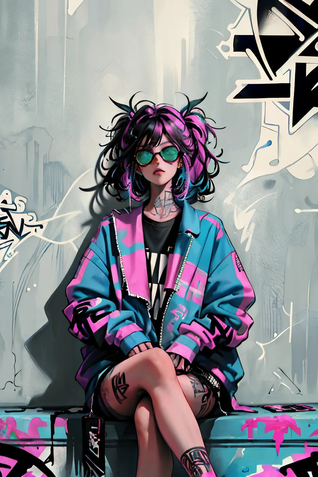 HD, (Best Detail) (Best Quality), Aalfi woman in sunglasses sitting in chair on sofa, (((Graffiti art))), (((Trigger studio style, graffiti art, rock punk, neon colors))), Carne Griffiths
