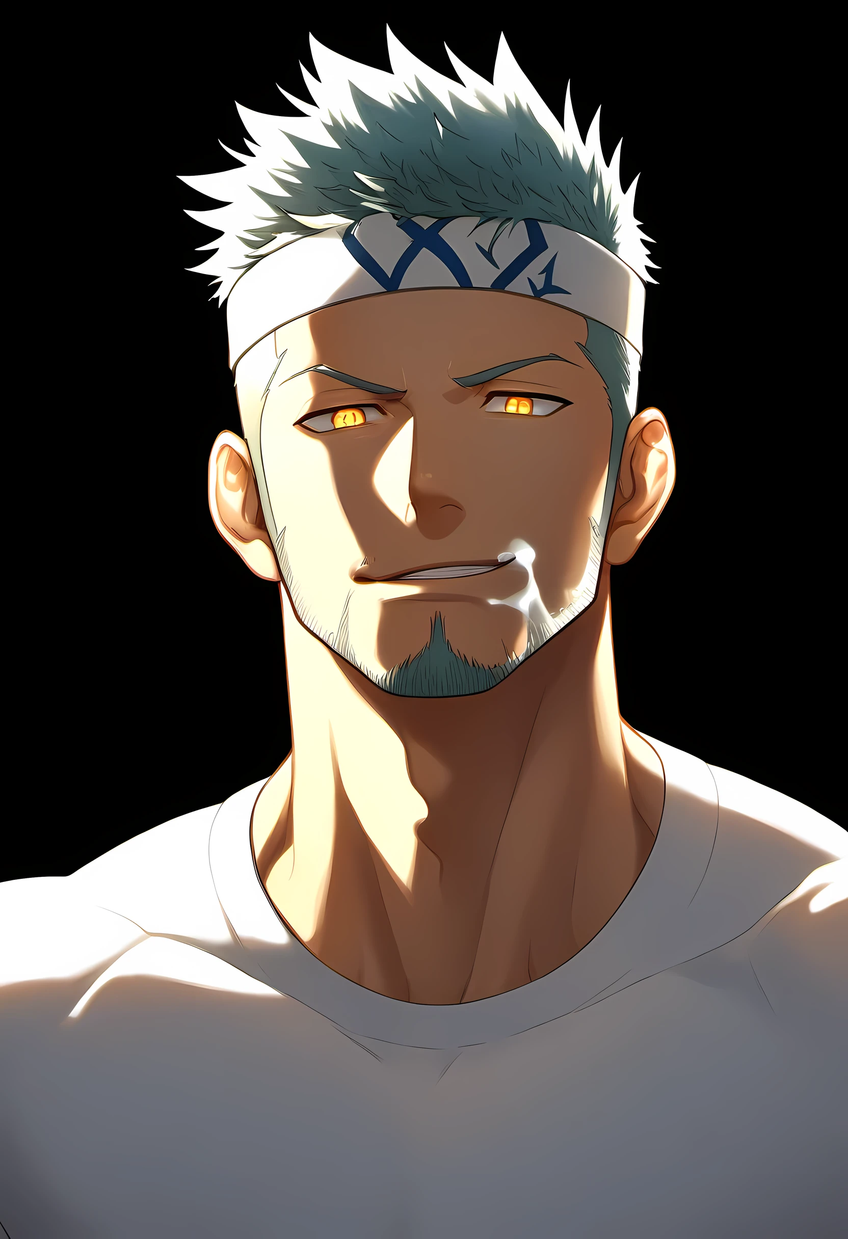 anime characters:Guy, Priapus, 1 young muscular man, male focus, Six pointed star tattoo on face, Sporty black headband, White spandex tight T-shirt, muscular male, muscular, only, Upper body, alone, white short hair, stubble, yellow eyes, black background, simple background, amazing quality, best aesthetics, Ridiculous, bright pupils, short hair, naughty face, torogao, open lips, traces of saliva, verbal invitation, Slobber, moan, blush, best quality