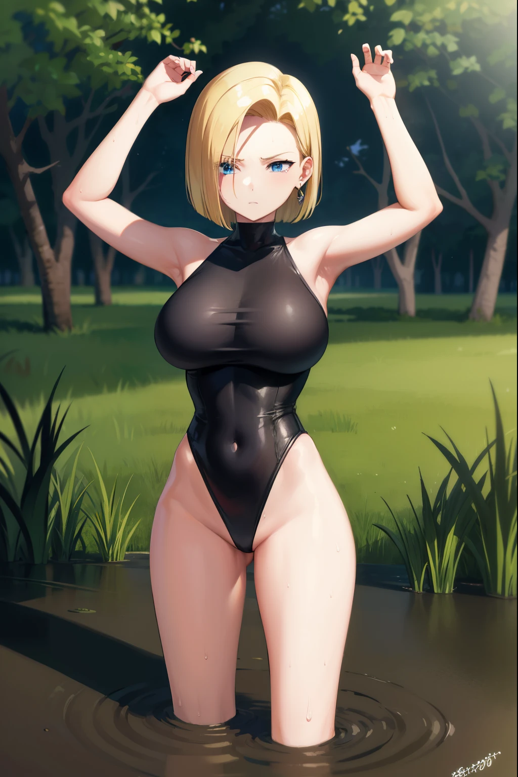 highest quality, High resolution, whole body,AND18, 1 girl, android 18, alone, golden hair, blue eyes, short hair,earrings,big breasts, frown,troubled face, panic,Sweat,1 girl, black leotard, black high leg cut,( drown in the swamp:1.2),restrained, Please raise your hand, Are standing,raise both arms up