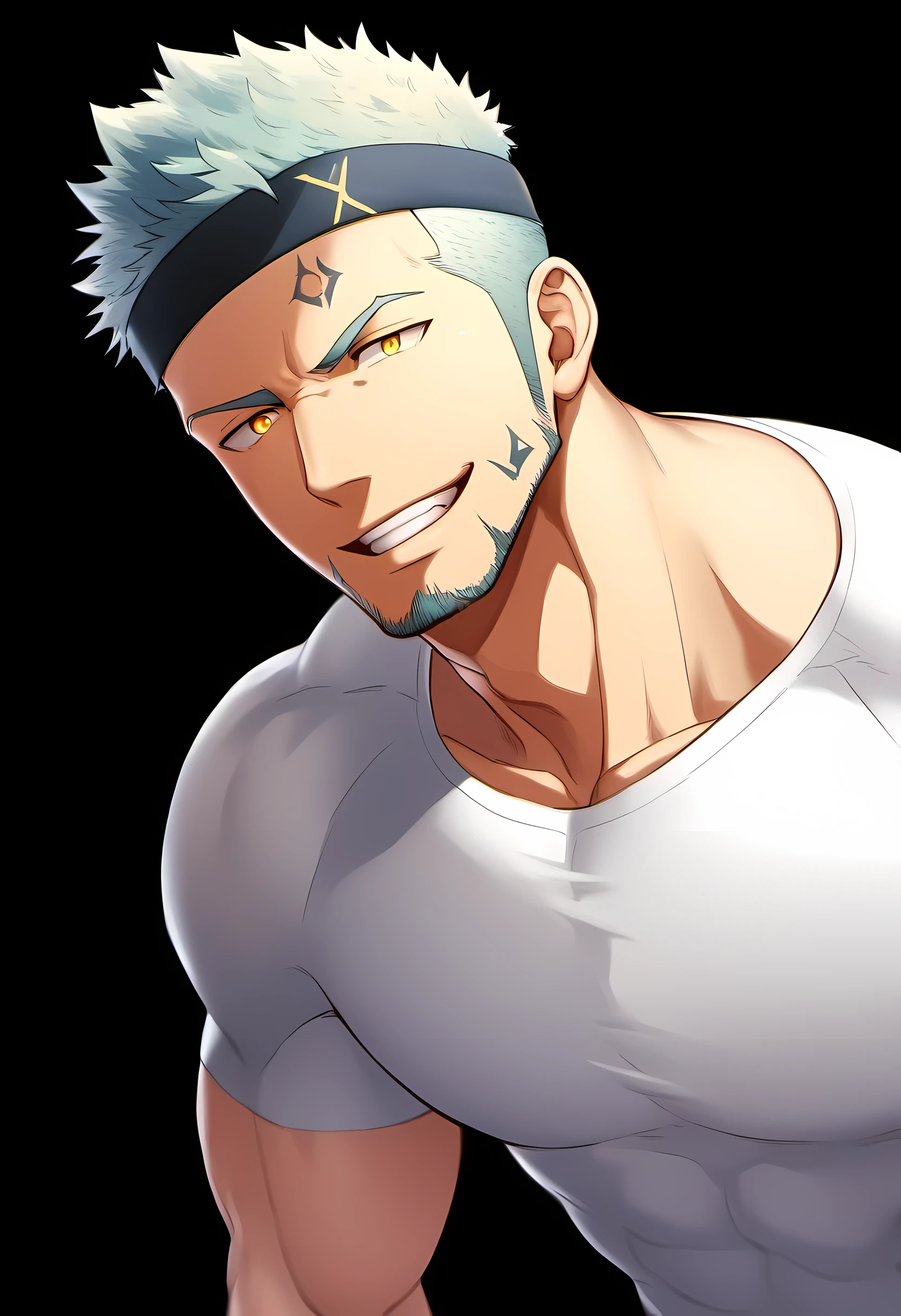 anime characters:Guy, Priapus, 1 young muscular man, male focus, Six pointed star tattoo on face, Sporty black headband, White spandex tight T-shirt, Milky white mucus at the corners of the mouth, muscular male, muscular, only, Upper body, alone, white short hair, stubble, yellow eyes, black background, simple background, amazing quality, best aesthetics, Ridiculous, bright pupils, short hair, naughty face, torogao, open lips, best quality