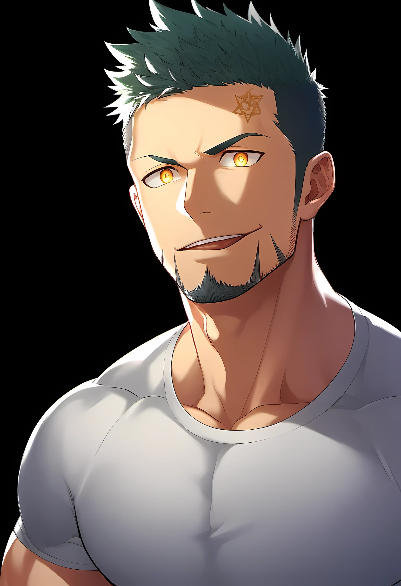 anime characters:Guy, Priapus, ung muscular man, male focus, Six pointed star tattoo on face, Sporty black headband, White spandex tight T-shirt, Milky white mucus at the corners of the mouth, muscular male, muscular, only, Upper body, alone, white short hair, stubble, yellow eyes, black background, simple background, amazing quality, best aesthetics, Ridiculous, bright pupils, short hair, naughty face, torogao, open lips, best quality