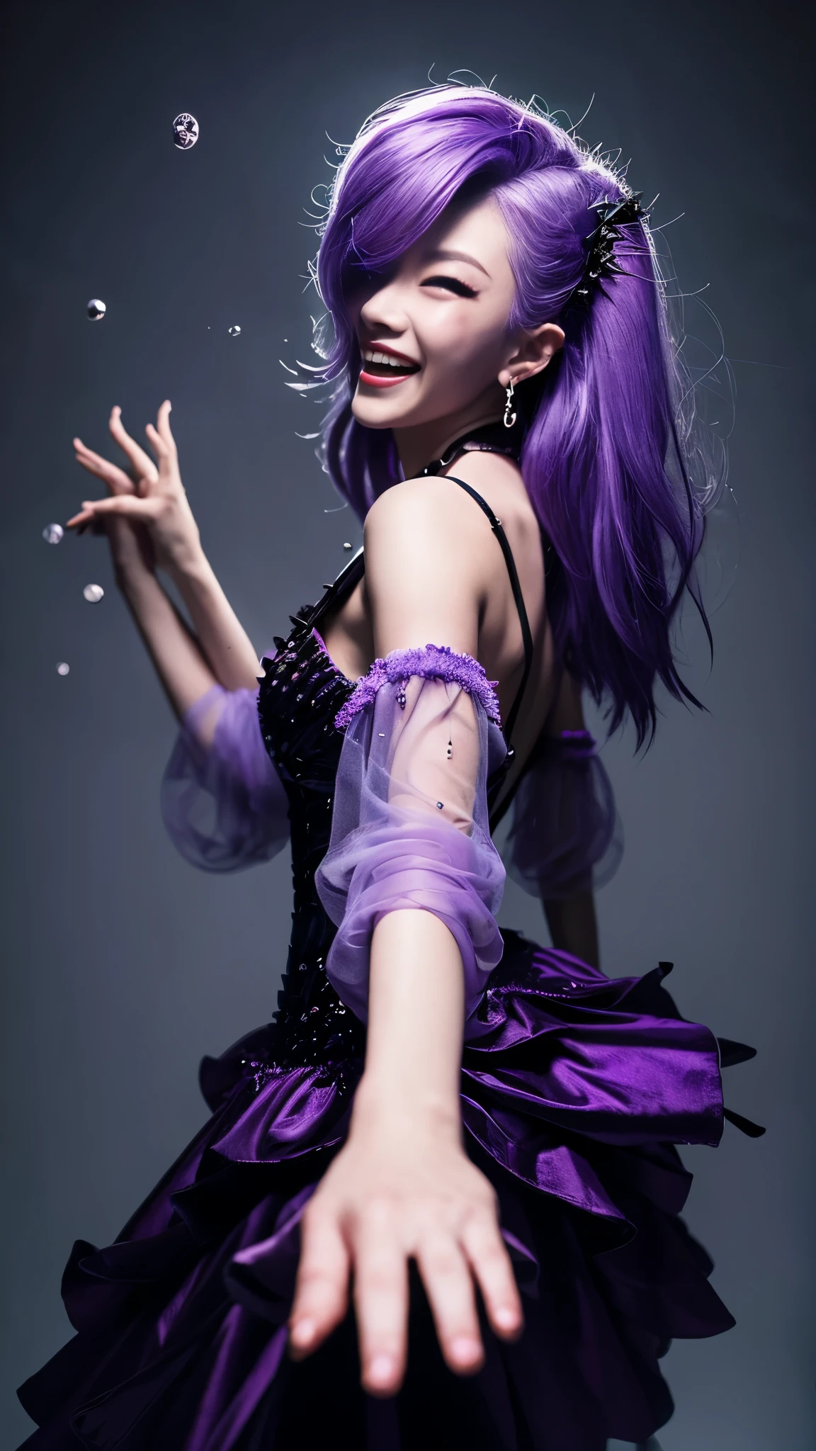 Ghost, (monster Girl), purple skin, spike, spiky purple hair, caught laughter, floating hand, wearing a dark purple dress, floating in the air, masterpiece, highest quality