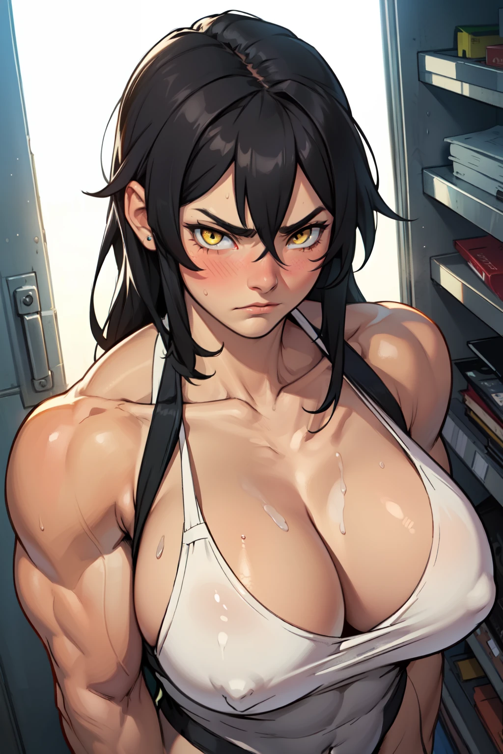 ((((girl muscular thick)))) pale skin black hair yellow eyes huge breasts toned body sad frown blush long hair