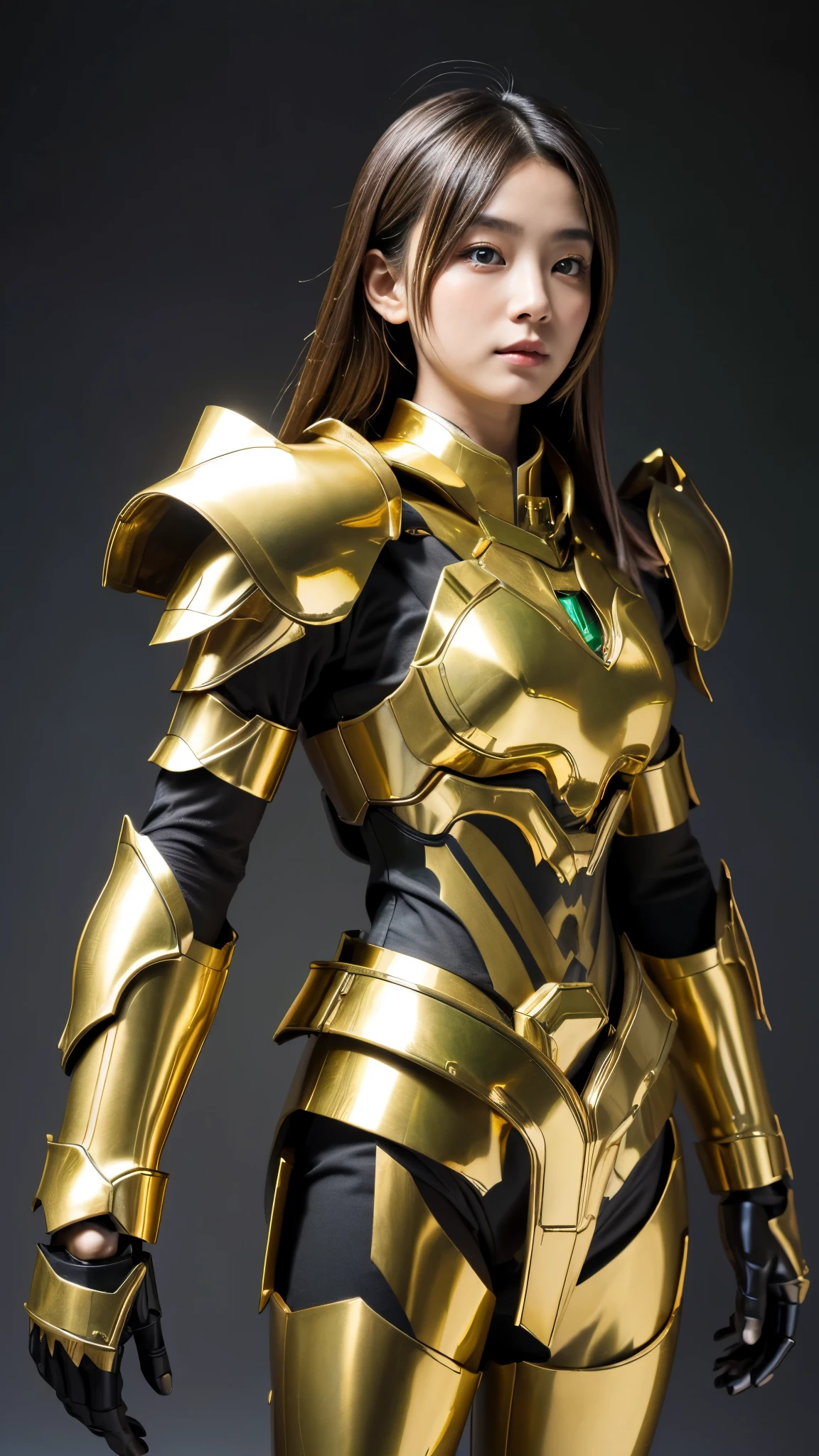 masterpiece,highest quality,ultra high resolution),japanese woman, very beautiful girl, Naïve girl、perfect limbs、perfect anatomy、radiant beautiful skin、Moist eyes、brown shiny hair、Colors and landscapes of youth、Premonition of Love Green and Gold Uniform、 metallic Green armor, high quality costumes, brass armor coat, masterpiece衣装, Green armor, Avan Uniform, gilded black uniform, gold armor suit, quality commander, combat uniform, Embroidered uniform guard, gold obsidian armor, smooth gold armor