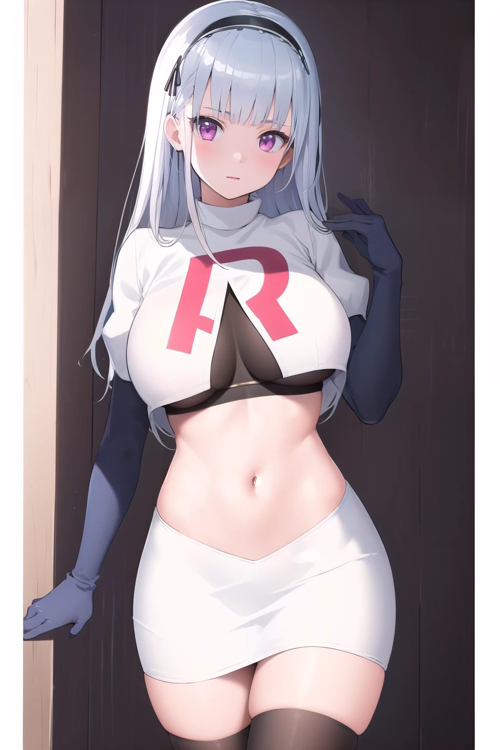 (masterpiece, best quality:1.2),illustration,8k,hd,1girl,solo,large_breasts,long_hair,hairband,bangs,purple_eyes,black_hairband,grey_hair,maid,jewelry,white_hair,pink_eyes,team rocket,team rocket uniform,white skirt,red letter R,crop top,black thigh-highs,black elbow gloves