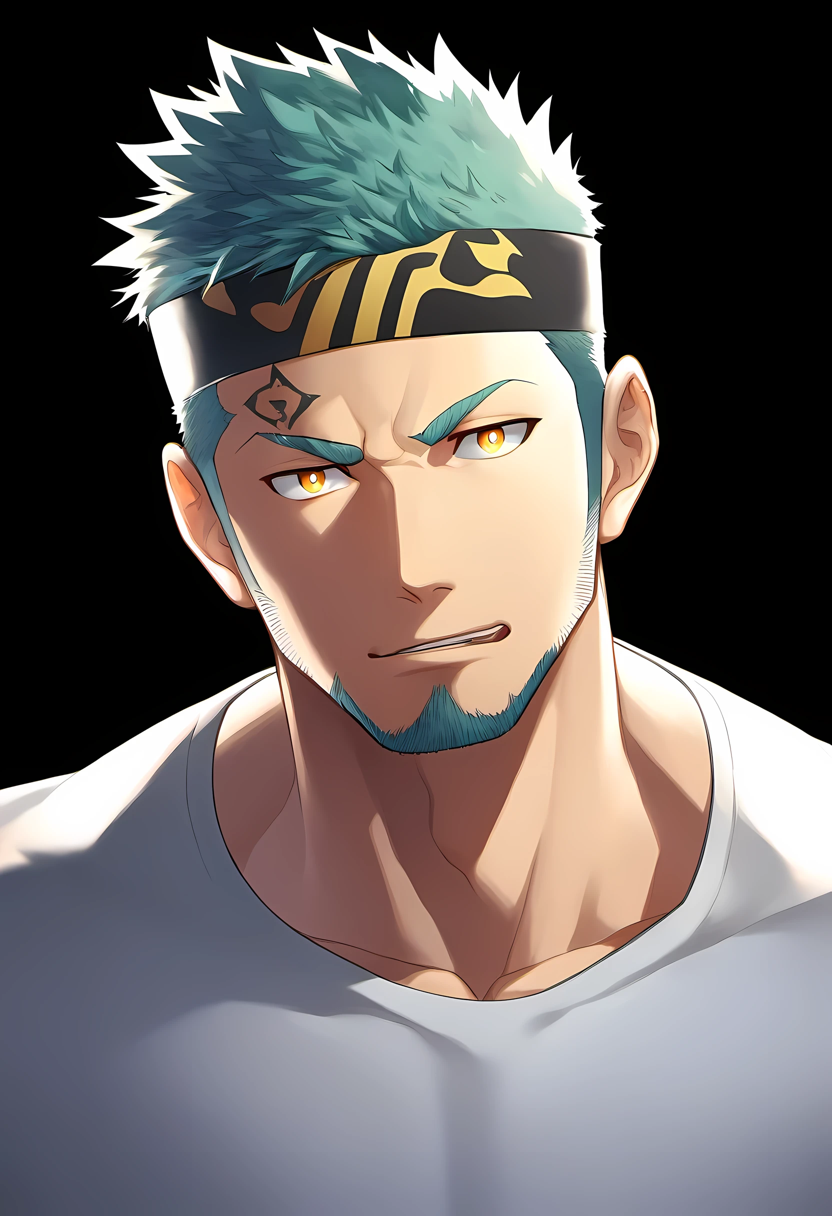 anime characters：Guy, Priapus, 1 young muscular man, male focus, Six pointed star tattoo on face, Sporty black headband, White spandex tight T-shirt, Milky white mucus at the corners of the mouth, muscular male, muscular, only, Upper body, alone, white short hair, stubble, yellow eyes, black background, simple background, amazing quality, best aesthetics, Ridiculous, bright pupils, short hair, naughty face, torogao, open lips, best quality