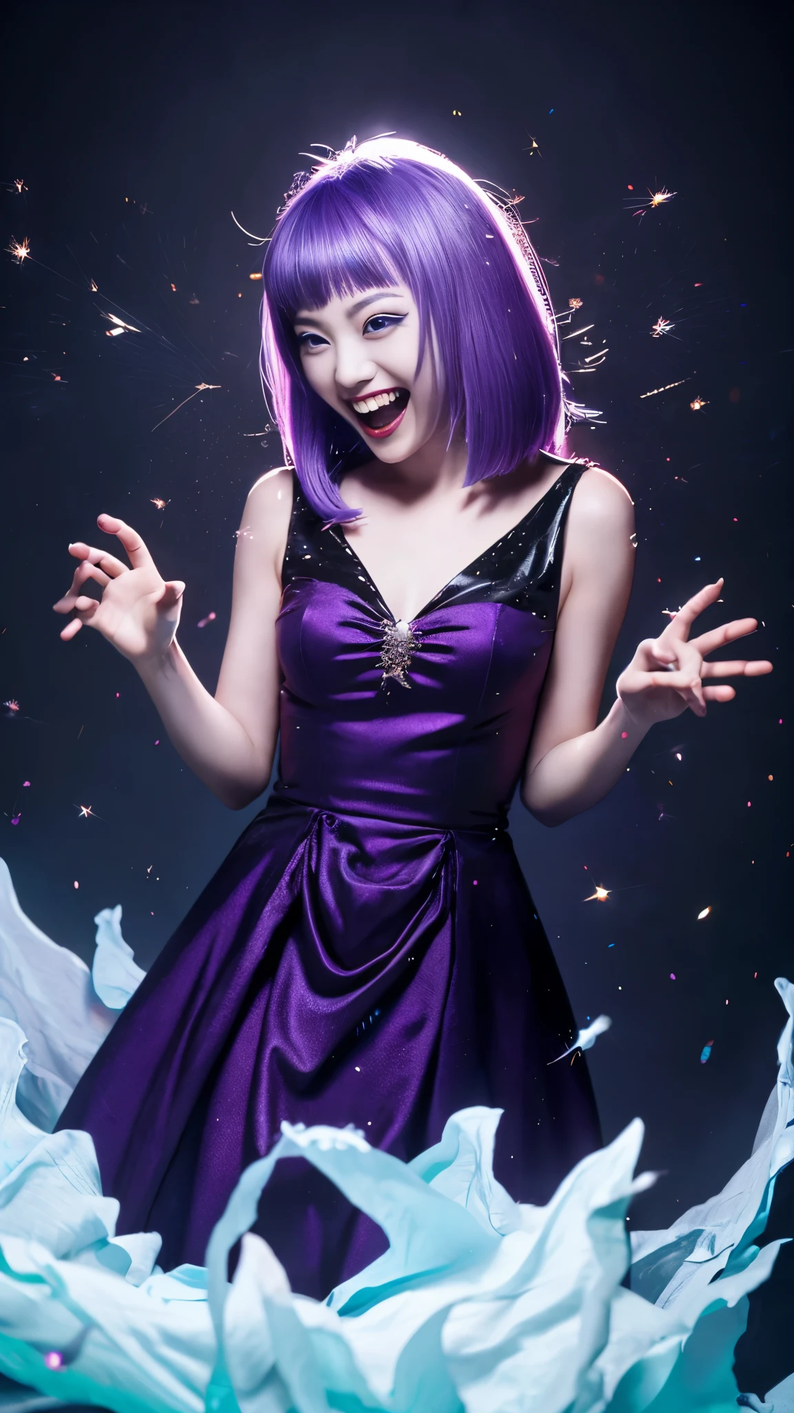 Ghost, (monster Girl), purple skin, spike, spiky purple hair, caught laughter, floating hand, wearing a dark purple dress, floating in the air, masterpiece, highest quality