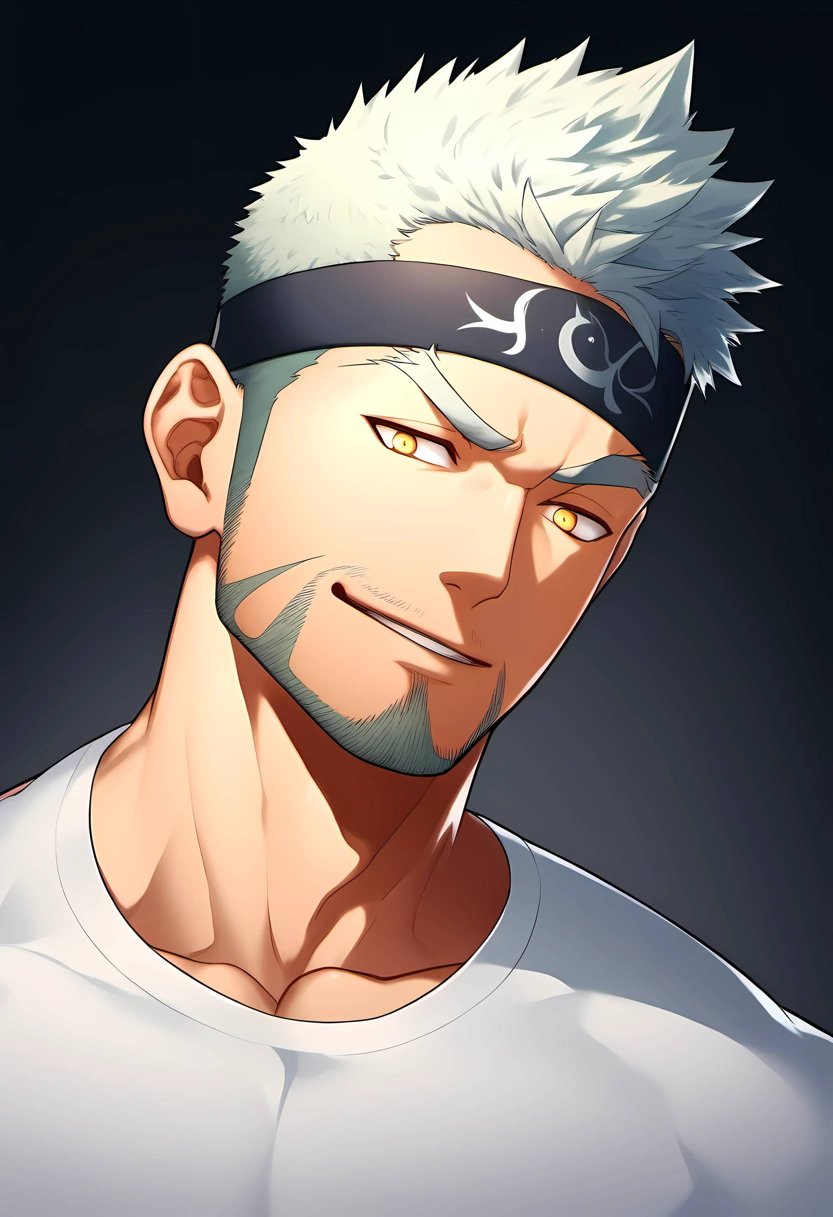 anime characters:Guy, Priapus, 1 young muscular man, male focus, Six pointed star tattoo on face, Sporty black headband, White spandex tight T-shirt, Milky white mucus at the corners of the mouth, muscular male, muscular, only, Upper body, alone, white short hair, stubble, yellow eyes, black background, simple background, amazing quality, best aesthetics, Ridiculous, bright pupils, short hair, naughty face, torogao, open lips, best quality