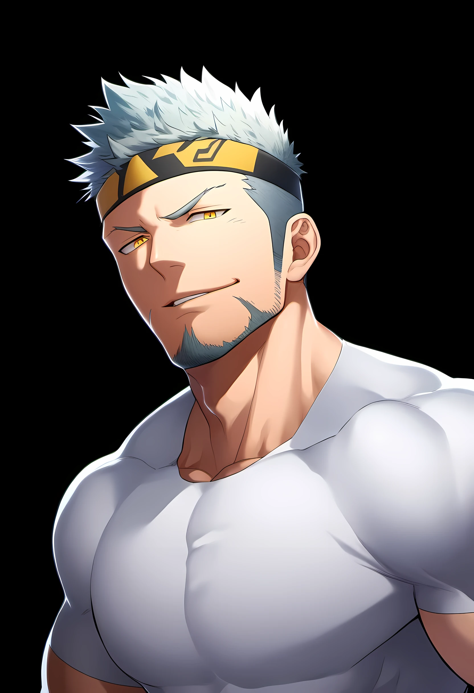 anime characters：Guy, Priapus, 1 young muscular man, male focus, Six pointed star tattoo on face, Sporty black headband, White spandex tight T-shirt, Milky white mucus at the corners of the mouth, muscular male, muscular, only, Upper body, alone, white short hair, stubble, yellow eyes, black background, simple background, amazing quality, best aesthetics, Ridiculous, bright pupils, short hair, naughty face, torogao, open lips, best quality