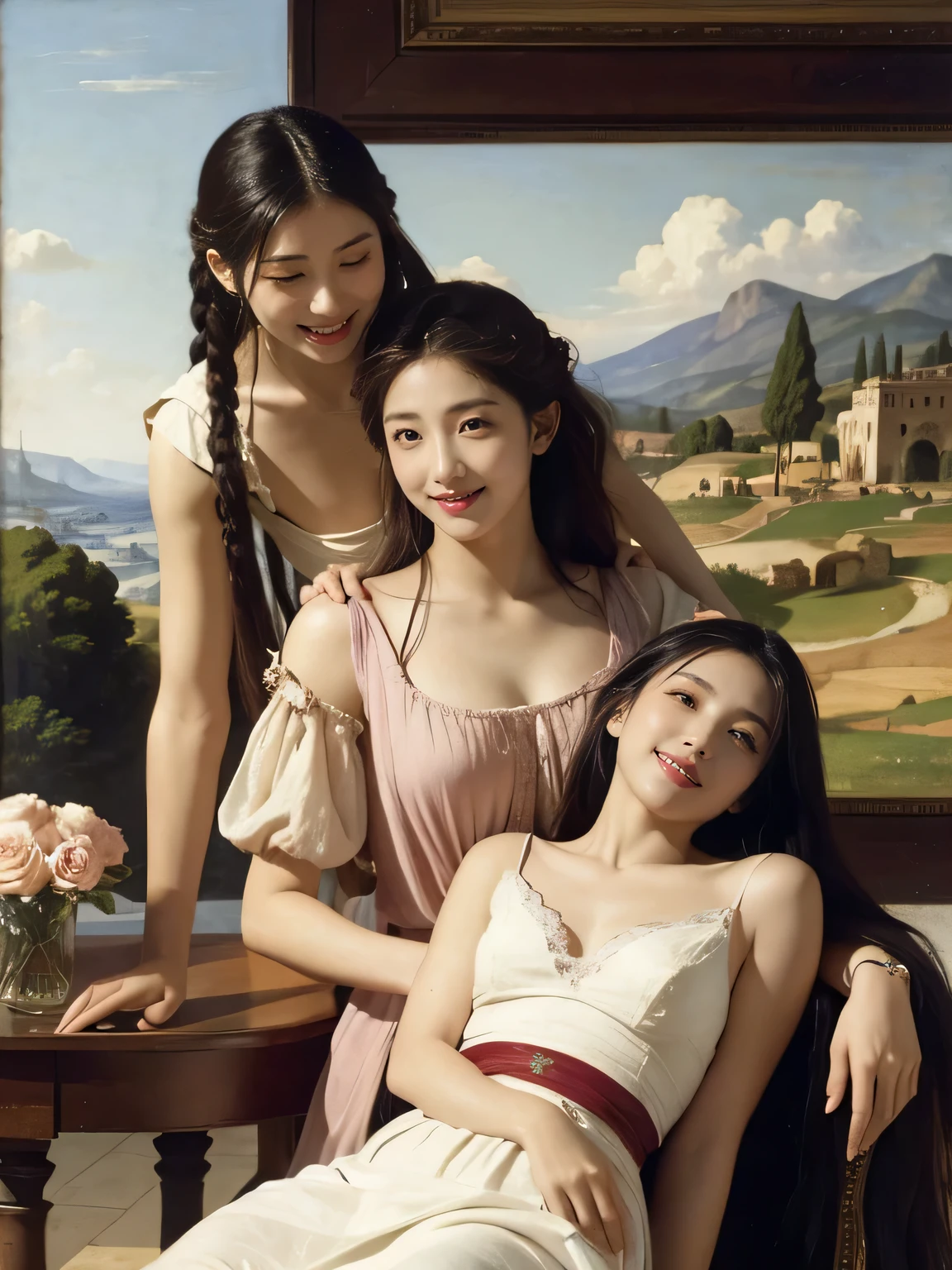 Giorgione painting style,Arguments of two female Philosophe,math、astronomical machine、astronaut、roses in vase、fruits、Cute trinkets、smile、ancient greek costume、Ancient Roman landscape in the style of Nicolas Poussin,laughter,,Sweet and seductive appearance.、Caravaggio's paintings、Chiaroscuro of Caravaggio、hair tousled by the wind,Two women frolicking,cute smile, expression of ecstasy,Sexy,erotic