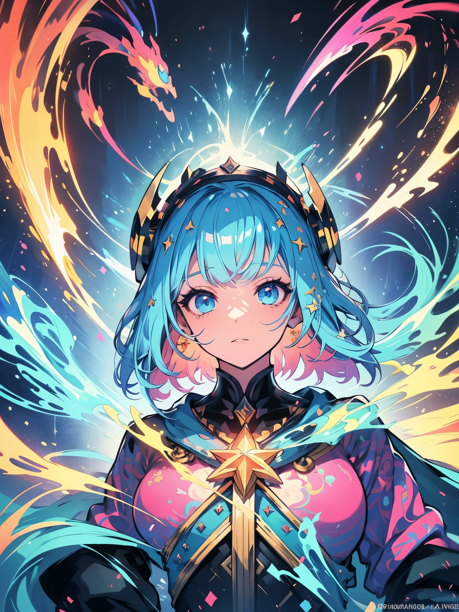 Uma excelente pintura de uma linda garota branca, flamejante, cercado por chamas, estilo de garota de fogo dota2, estilo de faca fantasma, cabelo parecido com fogo, longos cabelos ruivos, watery blue Olhos grandes, cintura fina, quadris largos, vestes de mago, magic colors, Estilo World of Warcraft, Por Blizzard Entertainment, Ultra HD, 8K, Textura de pele real, melhor luz, melhor sombra, Lina do dota2, Action, magical world, Aerial view, boca pequena, nariz pequeno, Olhos grandes, bonitinho