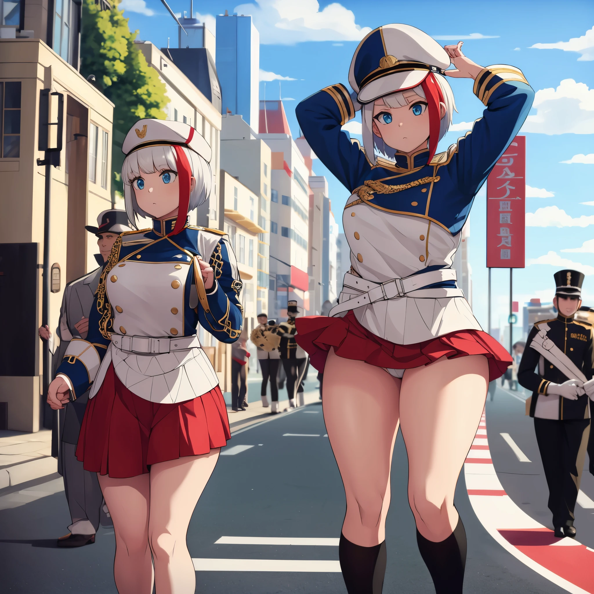 A girl with a white marching band uniform with gold details, short silver hair, red bangs, blue eyes, perfect arms, perfect legs, perfect fingers, marching band hat, with several people in the marching band background. on a big city road.
