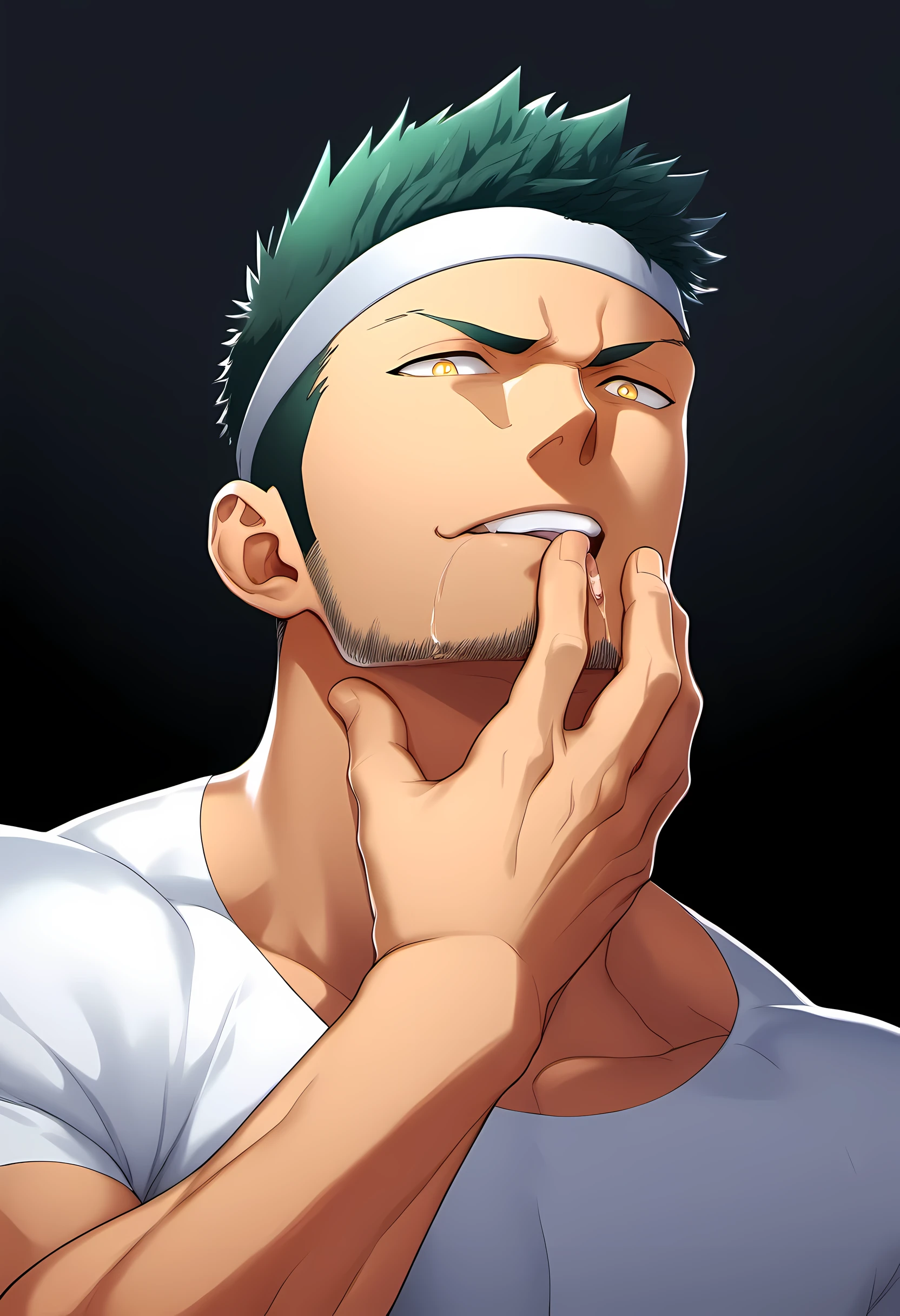 anime characters：Guy, Priapus, ****ung muscular man, male focus, Six pointed star tattoo on face, Sporty black headband, White spandex tight T-shirt, He dug his fingers into his throat, muscular male, muscular, only, Upper body, alone, white short hair, stubble, yellow eyes, black background, simple background, amazing quality, best aesthetics, Ridiculous, bright pupils, short hair, naughty face, torogao, open lips, traces of saliva, best quality