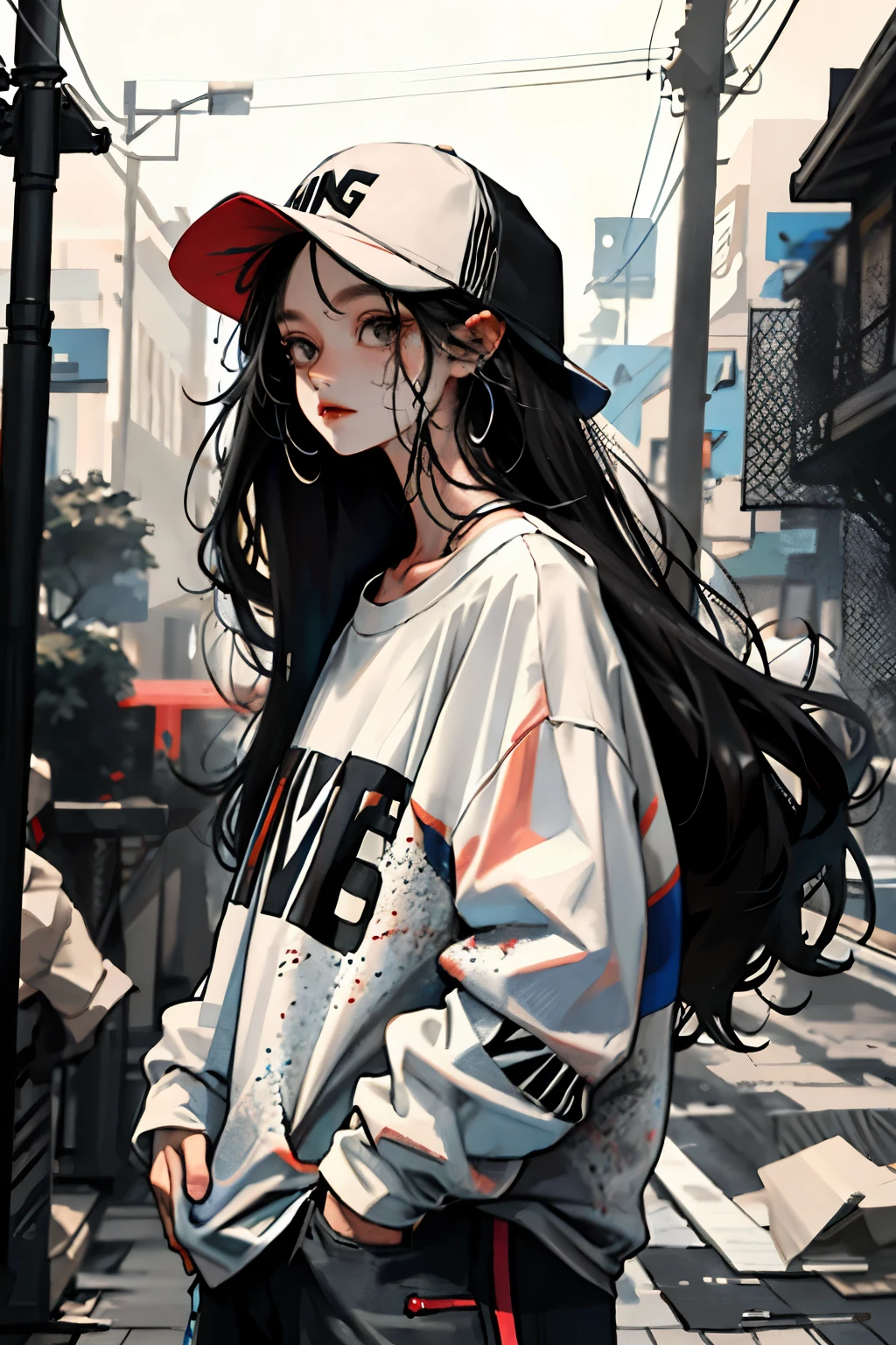 1girll,Back shadow splatter,paint splatter Sweatshirt,An off-the-shoulder garment,baseball cap,Alchemy Laboratory,the mystery of unknown territories,Put your hands in your pockets,random colorful long hair,Shoulder-length hair,Black eyes,Game scene graph, raining street background