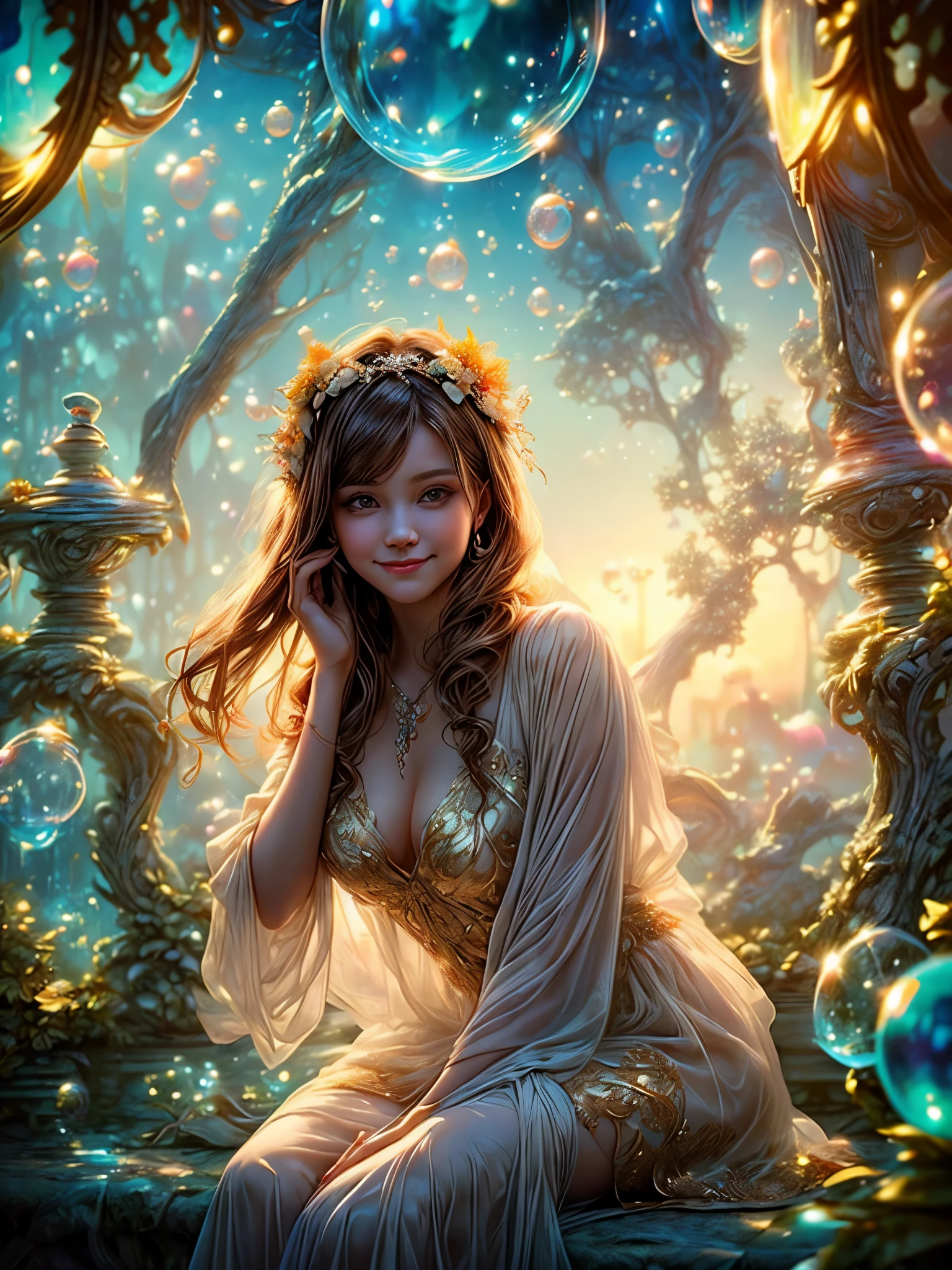 (cropped profile photo), ((1 beautiful young woman inside a soap bubble: 1.5)), sitting on a pink pillow, ((flying through a beautiful and magical fairy tale city: 1.4)), (hyper detailed : 1.3), ((clothes delicate dress with flower decorations: 1.4)), ((sunset background below a beautiful fairy tale landscape: 1.3)), ((Imaginative scene)), ((Perfect faces and bodies, meticulously detailed: 1.3)), ((far shot: 1.4)),((best quality)), ((masterpiece)), 3D, (((sunset:1.2))), (photorealistic:1.4), ((front camera)), (smiling happily, with her hands resting inside the soap bubble, surprised by the beautiful fairy city:1.4), ((Movie lighting: 1.2)), 32k.