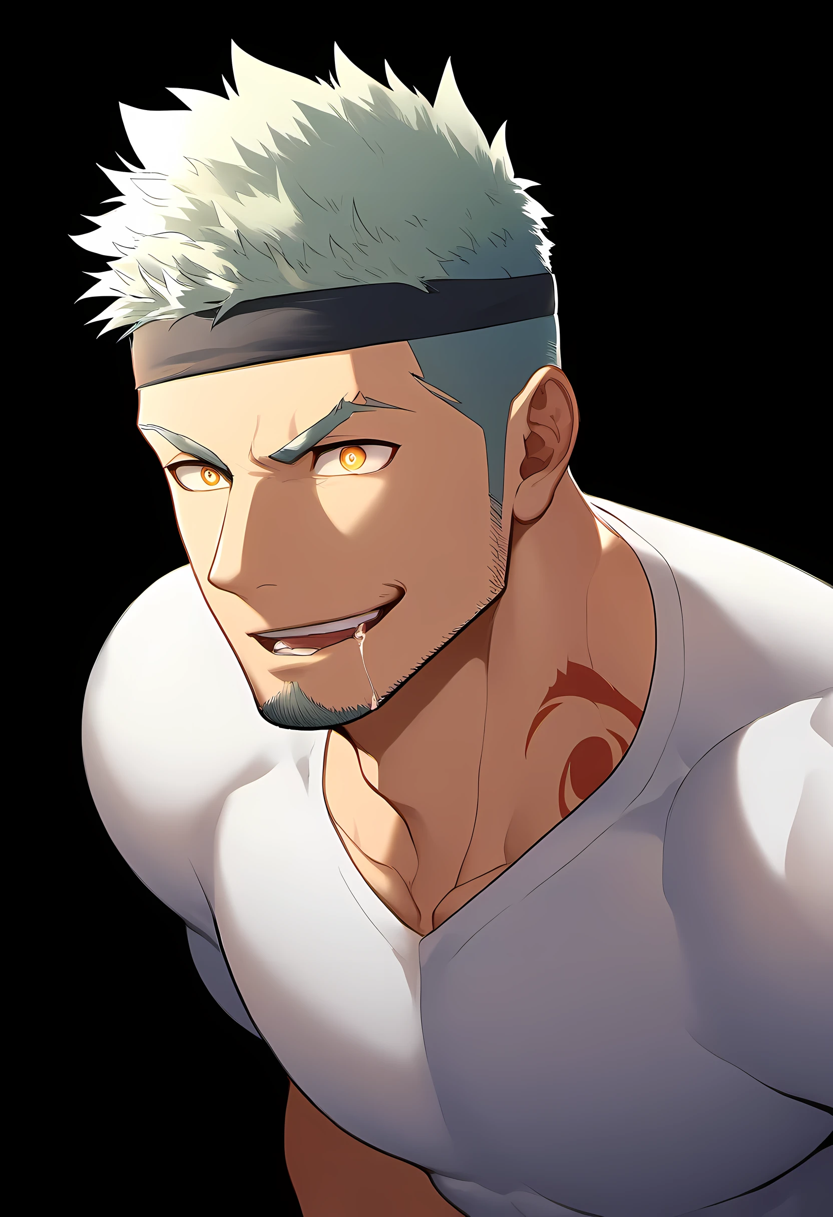 anime characters：Guy, Priapus, 1 young muscular man, male focus, Six pointed star tattoo on face, Sporty black headband, White spandex tight T-shirt, muscular male, muscular, only, Upper body, alone, white short hair, stubble, yellow eyes, black background, simple background, amazing quality, best aesthetics, Ridiculous, bright pupils, short hair, naughty face, torogao, open lips, traces of saliva, verbal invitation, Slobber, best quality