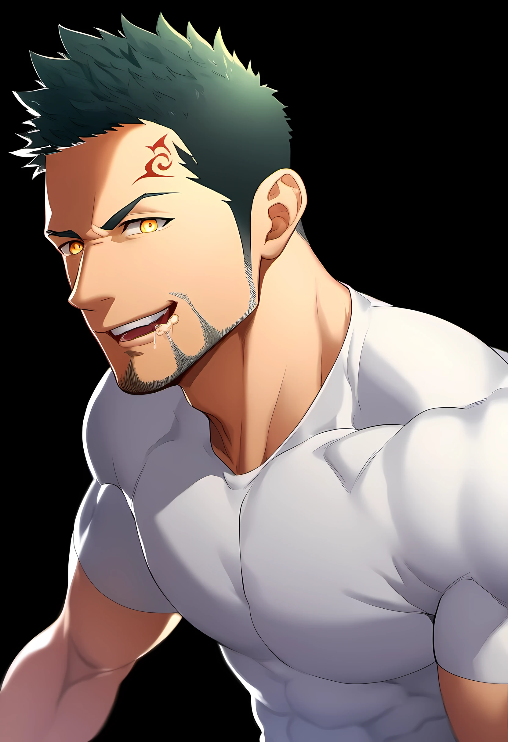anime characters：Guy, Priapus, 1 young muscular man, male focus, Six pointed star tattoo on face, Sporty black headband, White spandex tight T-shirt, muscular male, muscular, only, Upper body, alone, white short hair, stubble, yellow eyes, black background, simple background, amazing quality, best aesthetics, Ridiculous, bright pupils, short hair, naughty face, torogao, open lips, traces of saliva, verbal invitation, Slobber, best quality