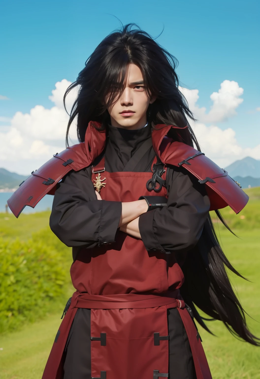 Real life adaption of this character,his name is Madara uchiha from anime Naruto,Korean adult handsome face,realistic long messy hair,realistic outfit with red iron armor like samurai,realistic light,realistic shadow,realistic background,(photorealistic:1.2)