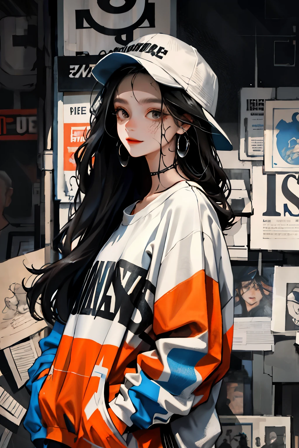 1girll,Back shadow splatter,paint splatter Sweatshirt,An off-the-shoulder garment,baseball cap,Alchemy Laboratory,the mystery of unknown territories,Put your hands in your pockets,random colorful long hair,Shoulder-length hair,Black eyes,Game scene graph, raining street background, cute little smile