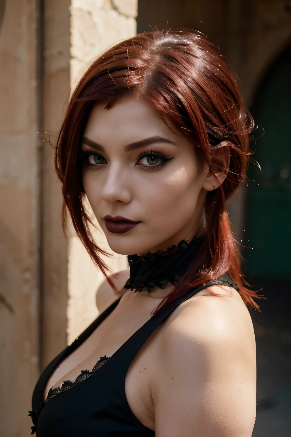 A very pretty and attractive Goth black and red hair, 25 years old with almond shape green eyes and eyelashes makeup, Very realistic