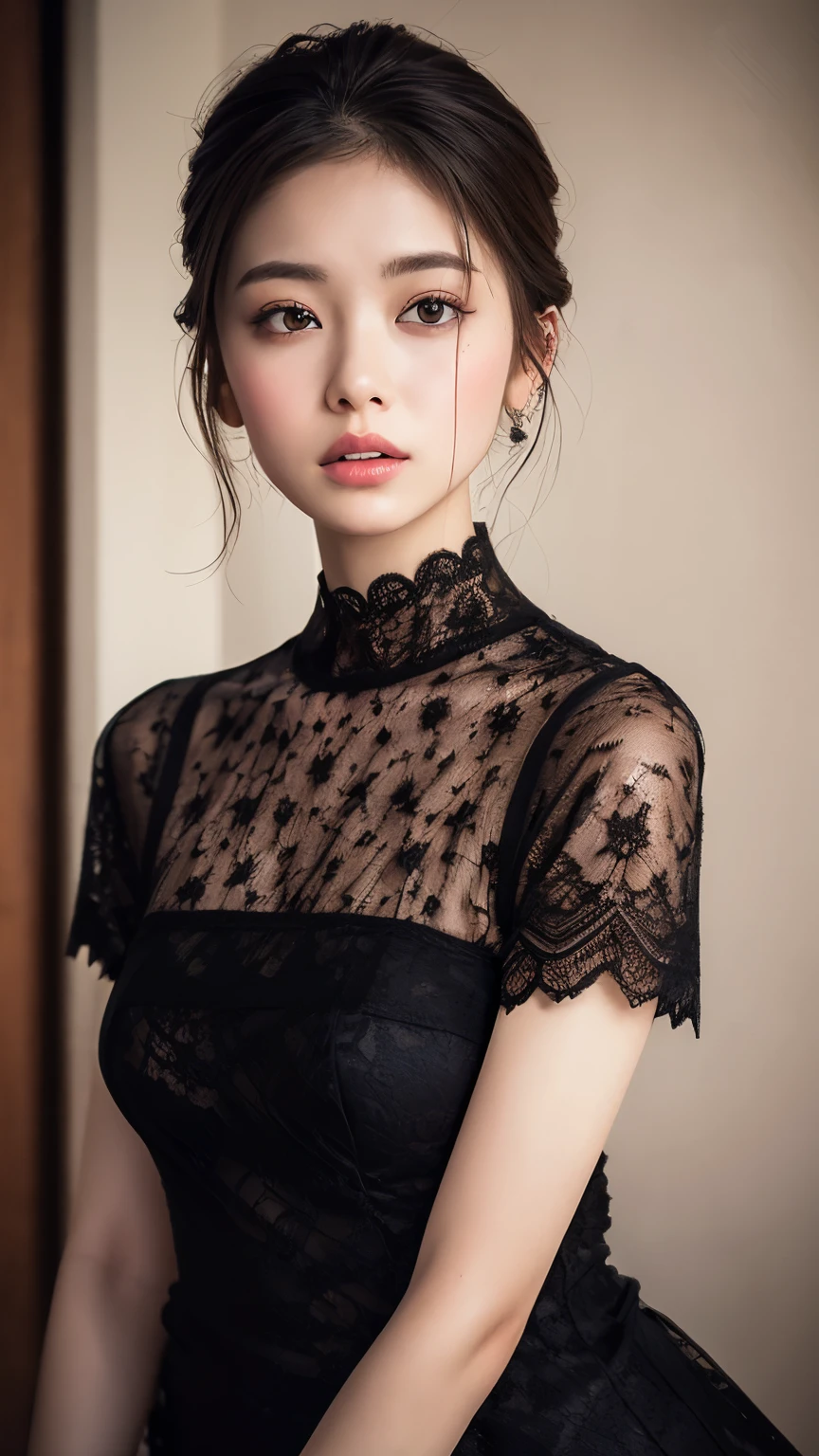 digital portrait、realistic depiction of the human body、RAW photo、one girl、gentle gray eyes、plump lips、An ennui look、small breasts、shortcut、(((Elegant black lace-like line dress、Dense and artistic lace black line dress、beautiful dress、super luxury dress)))、highest quality、super resolution、master piece:1.5、medium depth of field、50mmlens、cinematic lighting、Backlight、professional photographer、