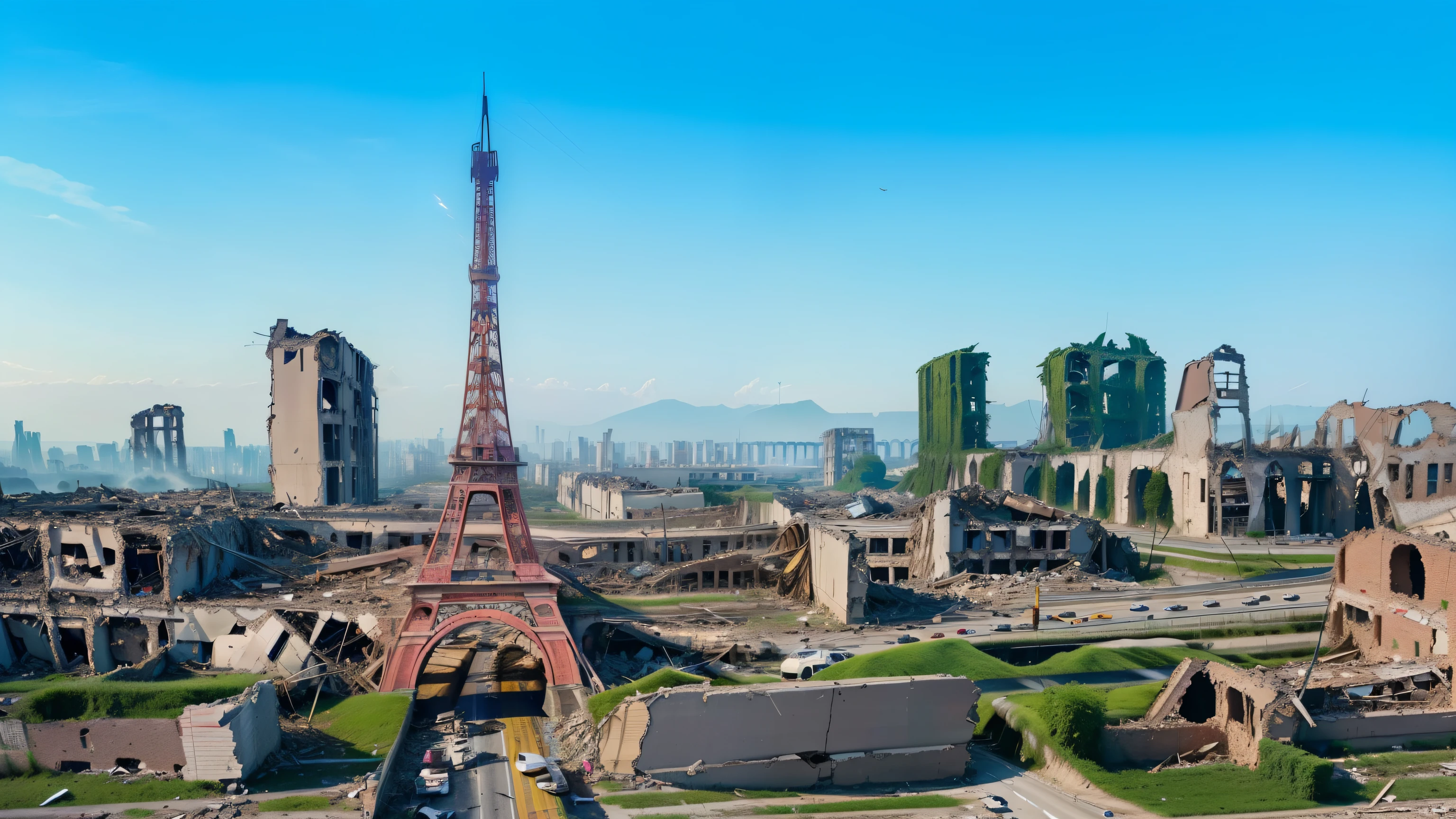 8K masterpiece, ((A ruined city after the extinction of humanity)), ((soft light))、unmanned、collapsed building、collapsed building、(highway:1.5)、(The plant is eroded,) 、ivy is tied to the building、wide angle、Drawing angle of view、Citywide、200 years since the extinction of humanity、