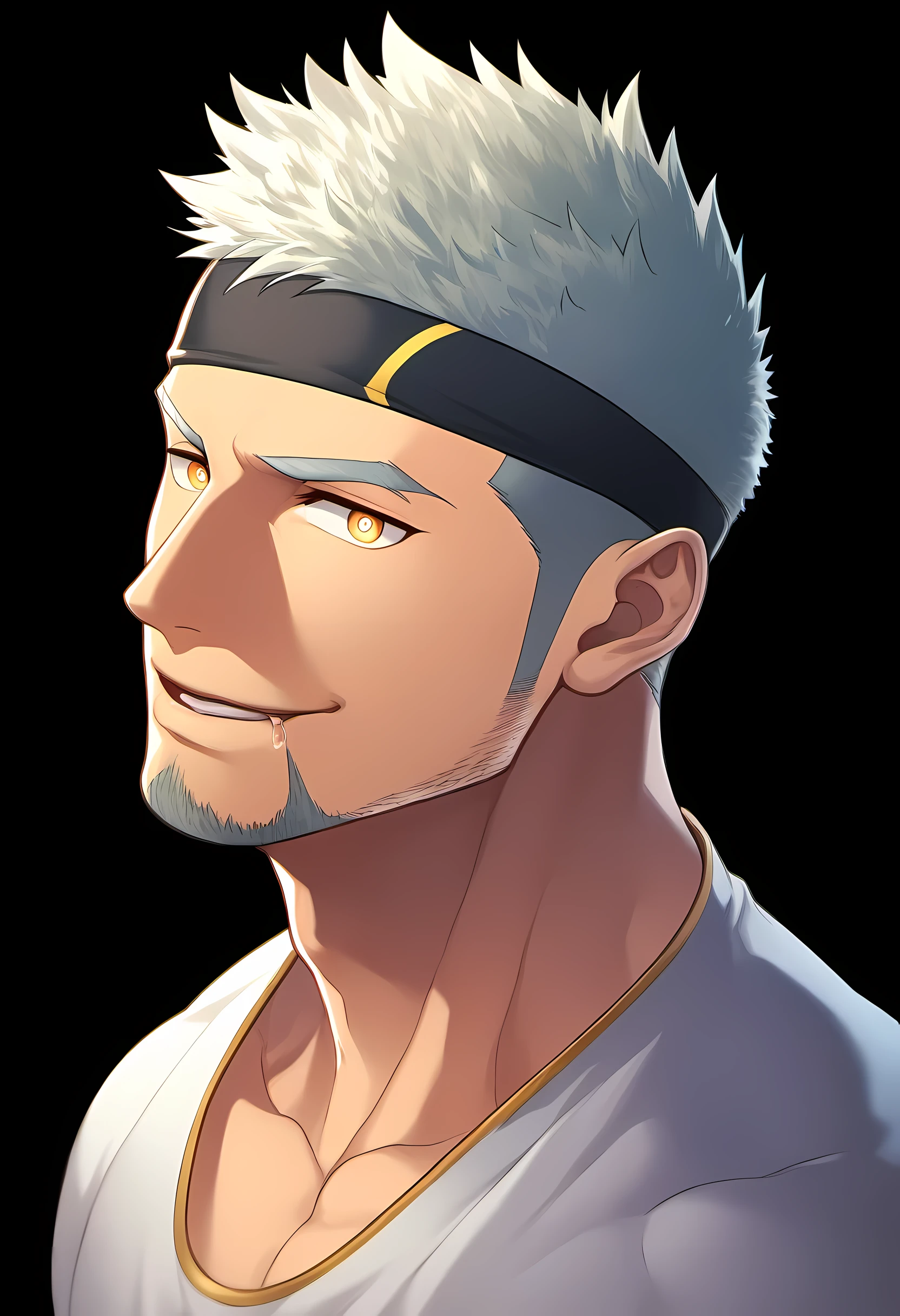 anime characters:Guy, Priapus, ung muscular man, male focus, Six pointed star tattoo on face, Sporty black headband, White spandex tight T-shirt, muscular male, muscular, only, Upper body, alone, white short hair, stubble, yellow eyes, black background, simple background, amazing quality, best aesthetics, Ridiculous, bright pupils, short hair, naughty face, torogao, open lips, traces of saliva, verbal invitation, Slobber, best quality