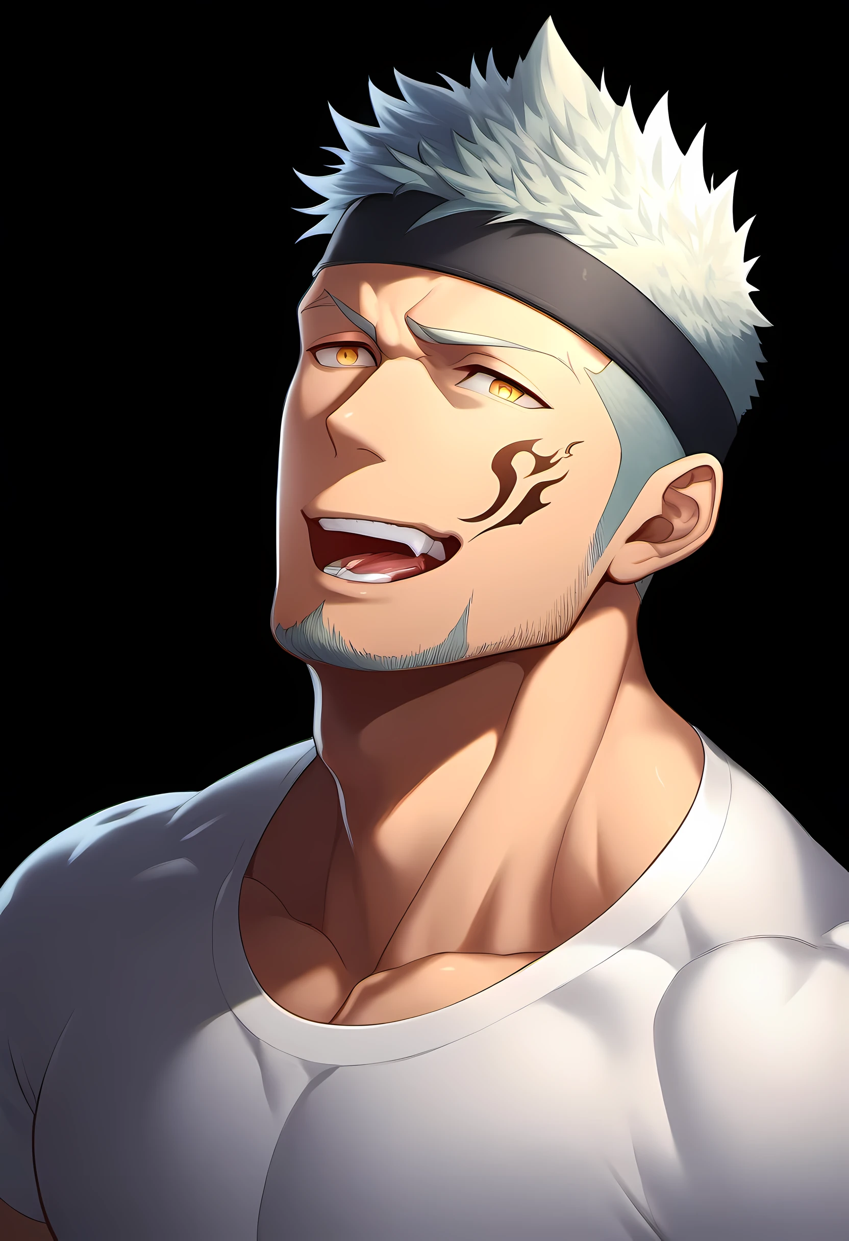 anime characters:Guy, Priapus, 1 young muscular man, male focus, Six pointed star tattoo on face, Sporty black headband, White spandex tight T-shirt, muscular male, muscular, only, Upper body, alone, white short hair, stubble, yellow eyes, black background, simple background, amazing quality, best aesthetics, Ridiculous, bright pupils, short hair, naughty face, torogao, open lips, traces of saliva, verbal invitation, Slobber, best quality