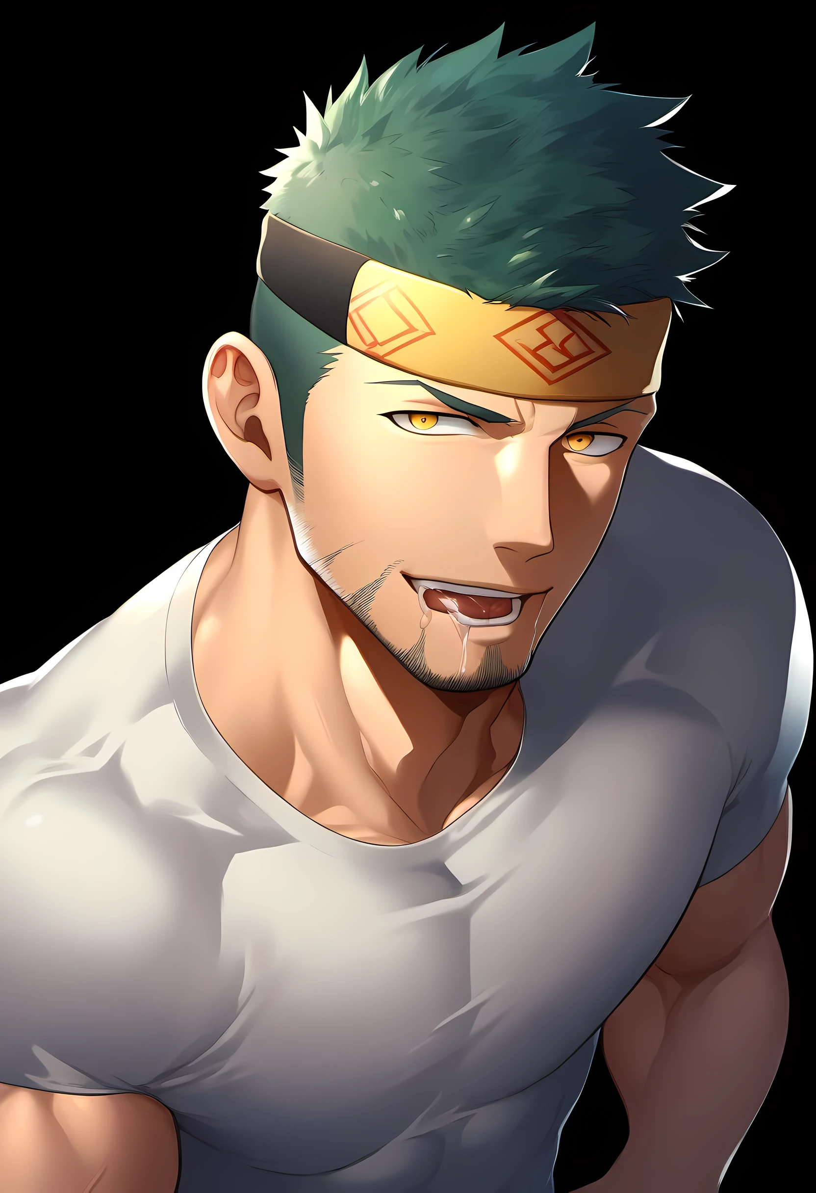 anime characters：Guy, Priapus, 1 young muscular man, male focus, Six pointed star tattoo on face, Sporty black headband, White spandex tight T-shirt, muscular male, muscular, only, Upper body, alone, white short hair, stubble, yellow eyes, black background, simple background, amazing quality, best aesthetics, Ridiculous, bright pupils, short hair, naughty face, torogao, open lips, traces of saliva, verbal invitation, Slobber, best quality