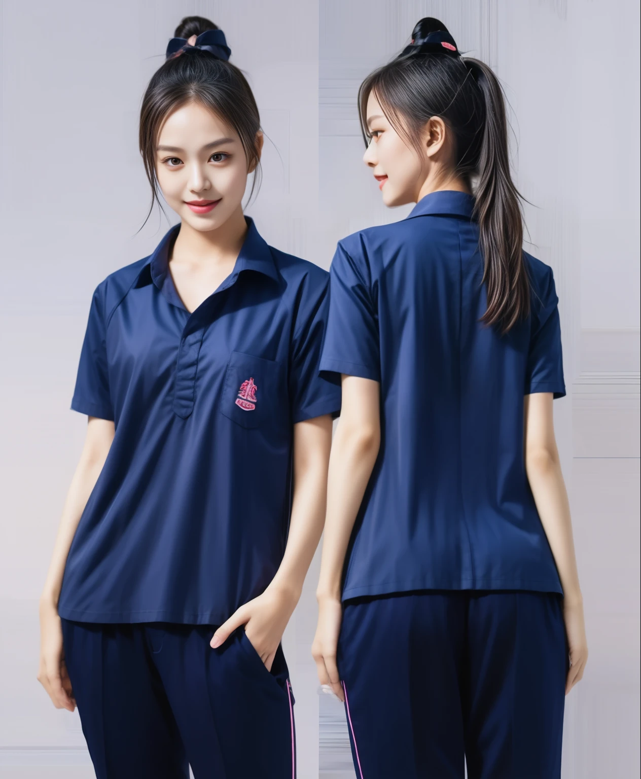 (best quality,10,10,height,Masterpiece:1.2),Special details,(realistic,ภาพrealistic,Realistic photos:1.37),1 Cute girl in the kitchen,shiny, ผิวshiny,only,smile softly,BDclothelue shirt:1.3)),short sleeve,shirt, กางเกงขาlong.,(navy_long_track pants:1.1), ((Kitchen Background)),Dynamic angle,excited,Face focus,dynamic poses,from behind,focus on ass,Masterpiece, best quality, ultra realistic, hyper-detail, 8K resolution, raw photos, Sharp focus, ((Navy blue shirt:1.1)), short sleeve, เส้นทางlong, perfect body, 2 mature women, 18 years old, Cinema-grade lighting system,blue sweatpants,shirtผ้าออกกำลังกาย,correct anatomy,perfect body, correct body, Sharp face, correct bodyทางกายวิภาค, full body, realistic gestures, long-haired, realistic poses,Wear long shorts...........................,ช่วงขาlong,Good shape,carved girl, Slender figure, model, Good shape, beautiful body,blue sweatpants, two girls kissing