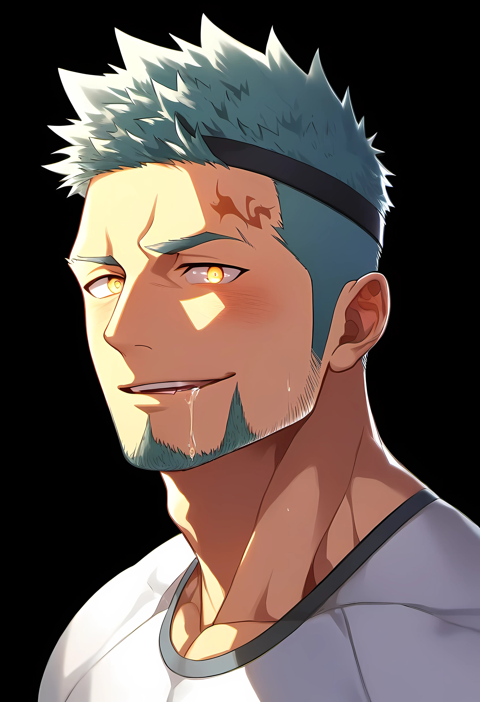 anime characters：Guy, Priapus, 1 young muscular man, male focus, Six pointed star tattoo on face, Sporty black headband, White spandex tight T-shirt, muscular male, muscular, only, Upper body, alone, white short hair, stubble, yellow eyes, black background, simple background, amazing quality, best aesthetics, Ridiculous, bright pupils, short hair, naughty face, torogao, open lips, traces of saliva, verbal invitation, Slobber, moan, blush, best quality