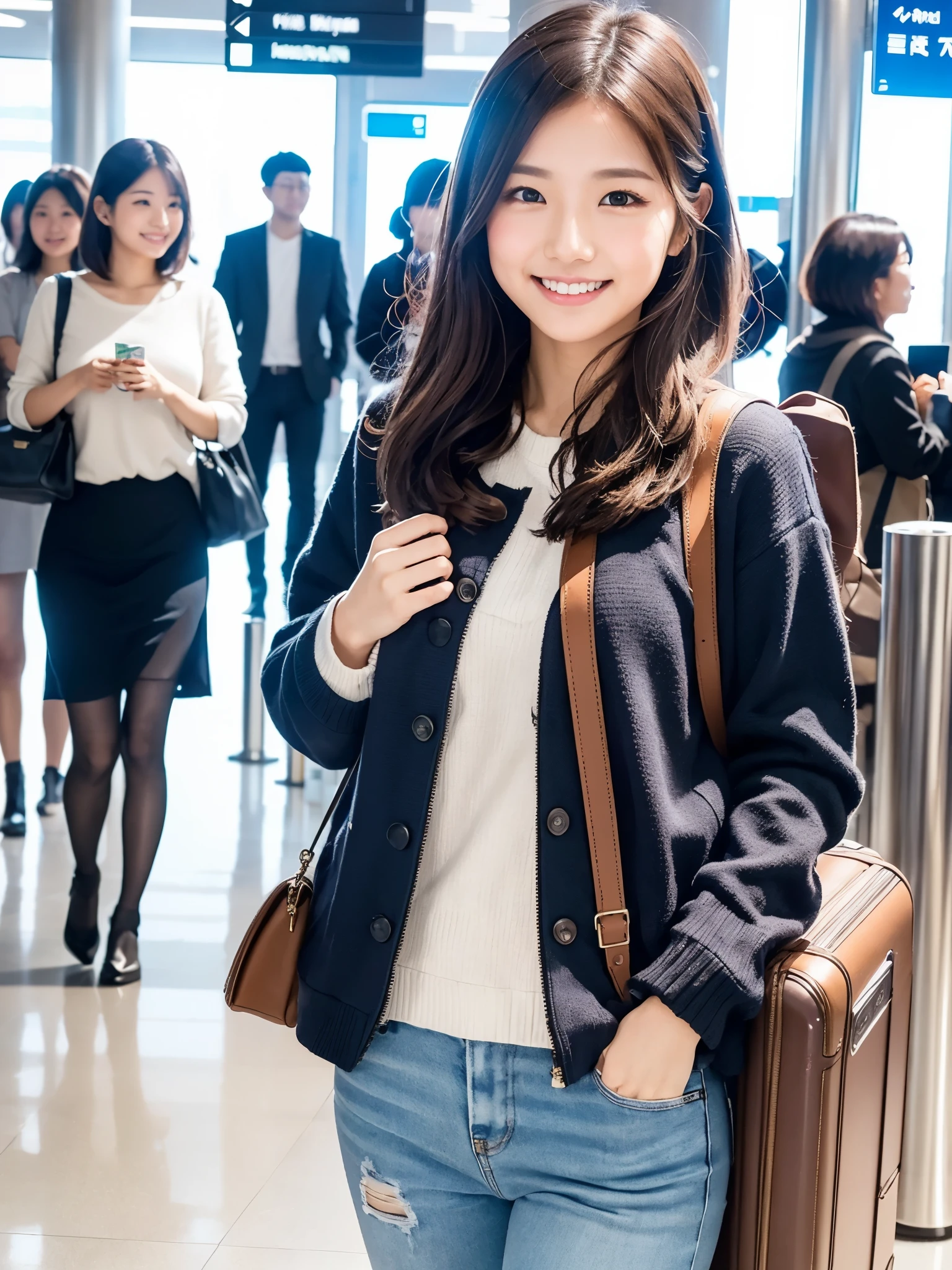 A cute 22-year-old Japanese woman is at Haneda Airport. She is standing near the boarding gate, holding a suitcase and a passport in her hand. The scene is set with a lively atmosphere, as people are bustling around, preparing for their flights. The woman's appearance is stylish and trendy, with a fashionable outfit that reflects her youthful and vibrant personality. Her eyes are bright and full of excitement as she anticipates her upcoming journey. The background features the iconic architecture of the airport, with its modern design and large glass windows, allowing natural light to fill the space. The lighting is soft and warm, casting a gentle glow on the surroundings. The overall image quality is of the highest standard, with ultra-detailed elements and realistic textures. The colors are vivid and vibrant, capturing the energy and liveliness of the airport environment. The prompt is packed with rich visual cues, such as "detailed eyes," "trendy outfit," and "lively atmosphere," ensuring a high-quality and aesthetically pleasing image.