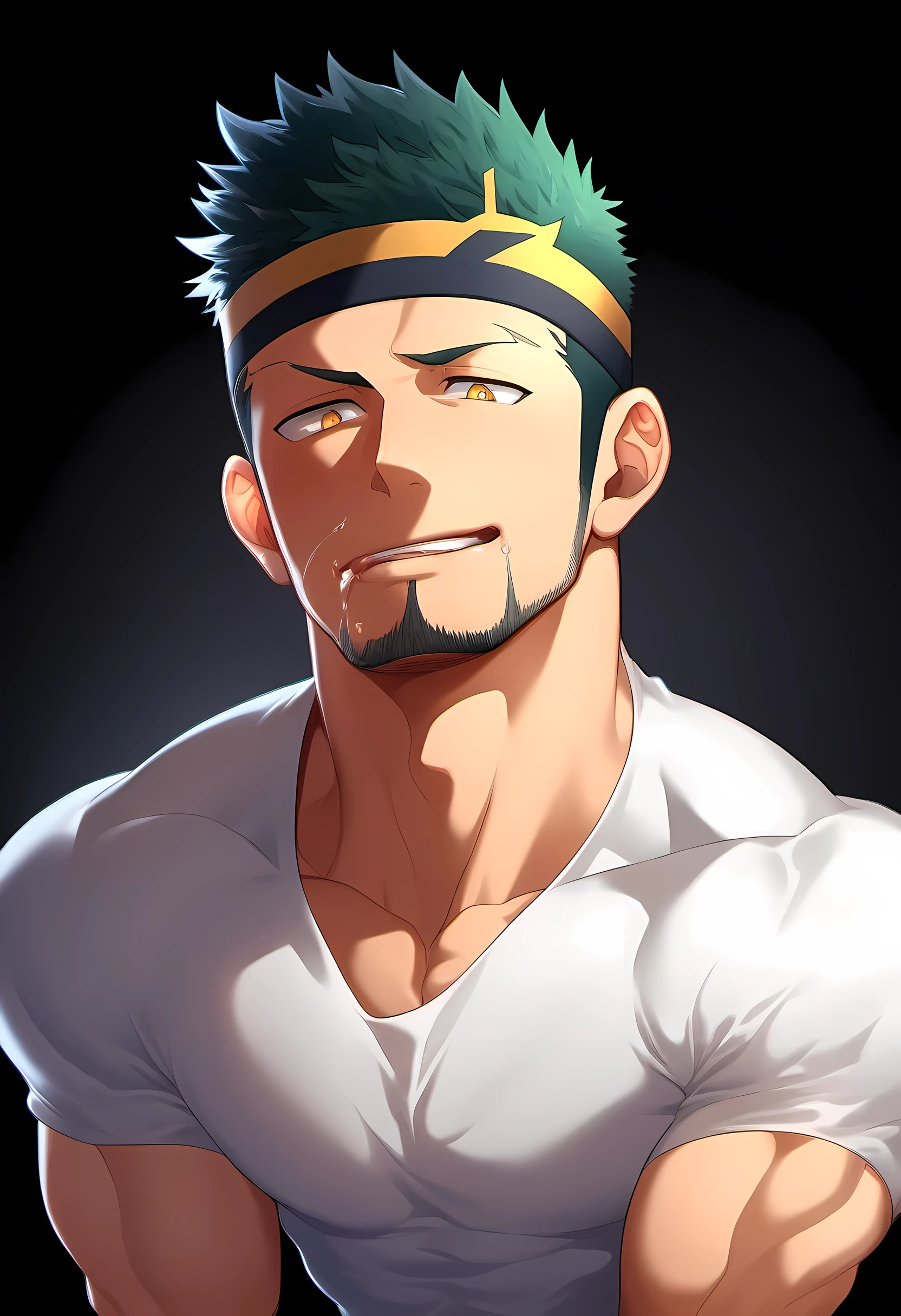 anime characters：Guy, Priapus, 1 young muscular man, male focus, Six pointed star tattoo on face, Sporty black headband, White spandex tight T-shirt, muscular male, muscular, only, Upper body, alone, white short hair, stubble, yellow eyes, black background, simple background, amazing quality, best aesthetics, Ridiculous, bright pupils, short hair, naughty face, torogao, open lips, traces of saliva, verbal invitation, Slobber, moan, blush, best quality